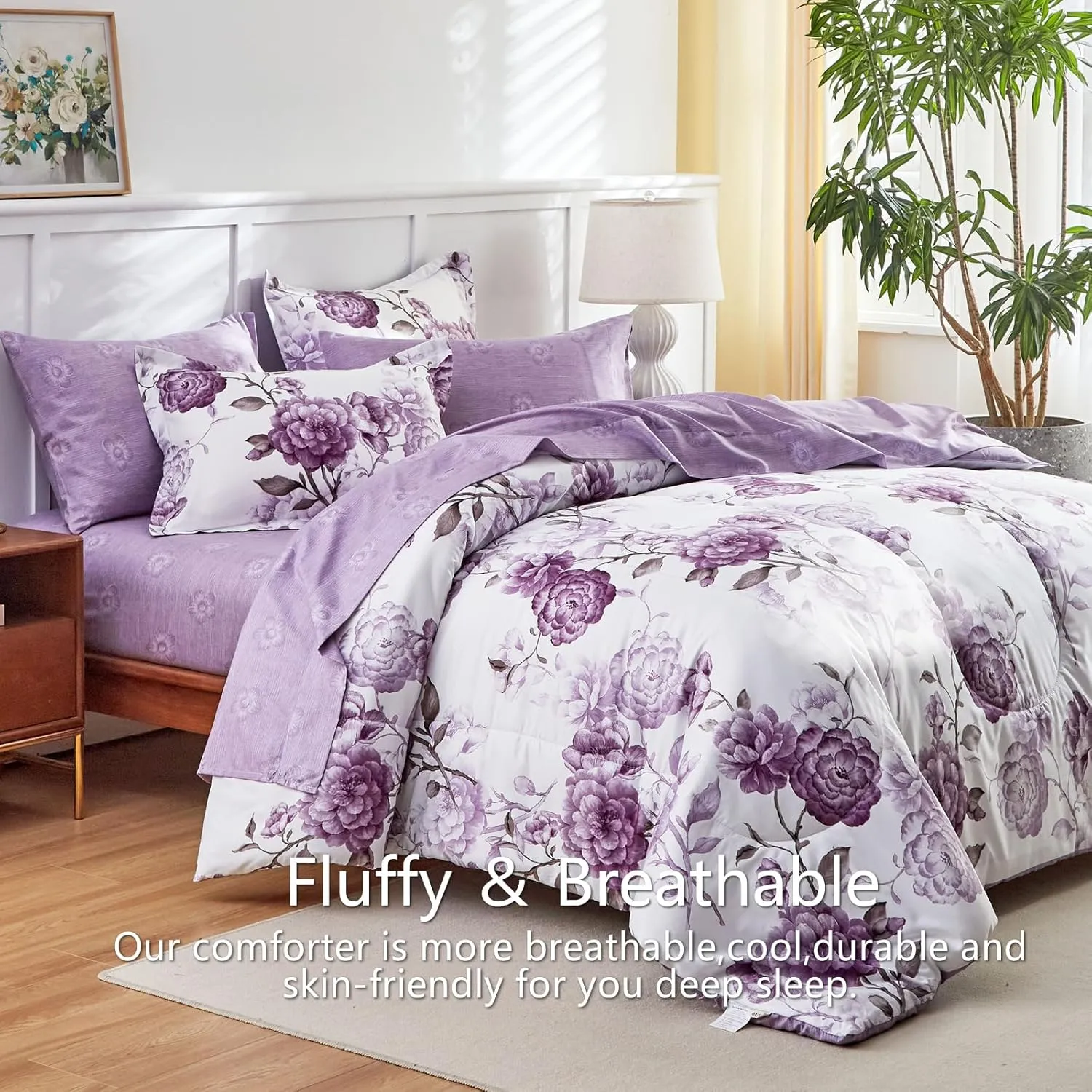 AIKASY 7-Piece Queen Size Bed in a Bag Comforter Set - Thistle Purple Floral Ensemble with Reversible Botanical Flowers Comforter, Sheets, Pillowcases & Shams
