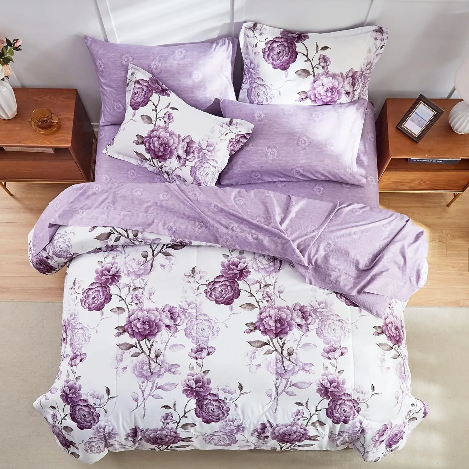 AIKASY 7-Piece Queen Size Bed in a Bag Comforter Set - Thistle Purple Floral Ensemble with Reversible Botanical Flowers Comforter, Sheets, Pillowcases & Shams