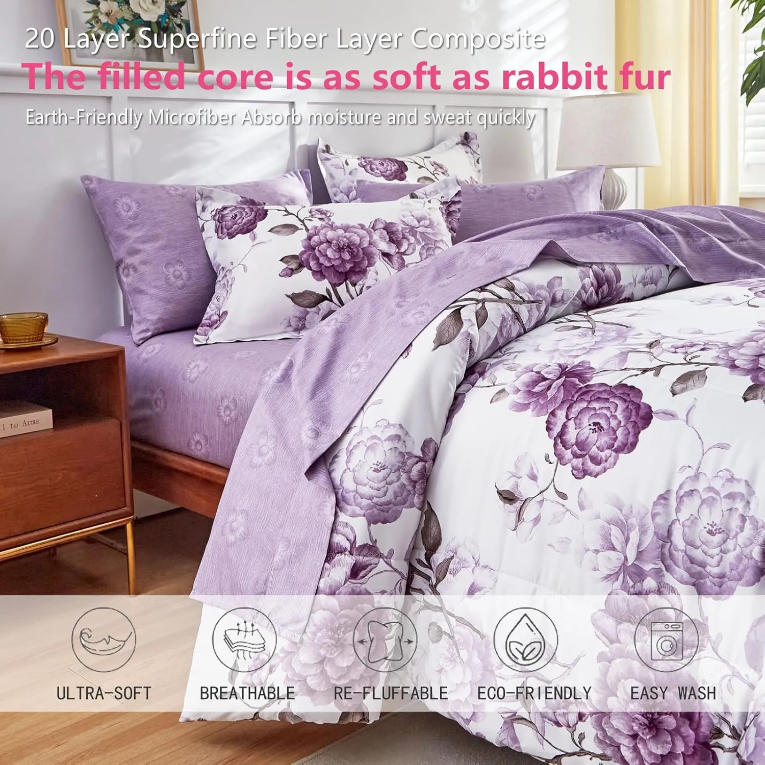 AIKASY 7-Piece Queen Size Bed in a Bag Comforter Set - Thistle Purple Floral Ensemble with Reversible Botanical Flowers Comforter, Sheets, Pillowcases & Shams