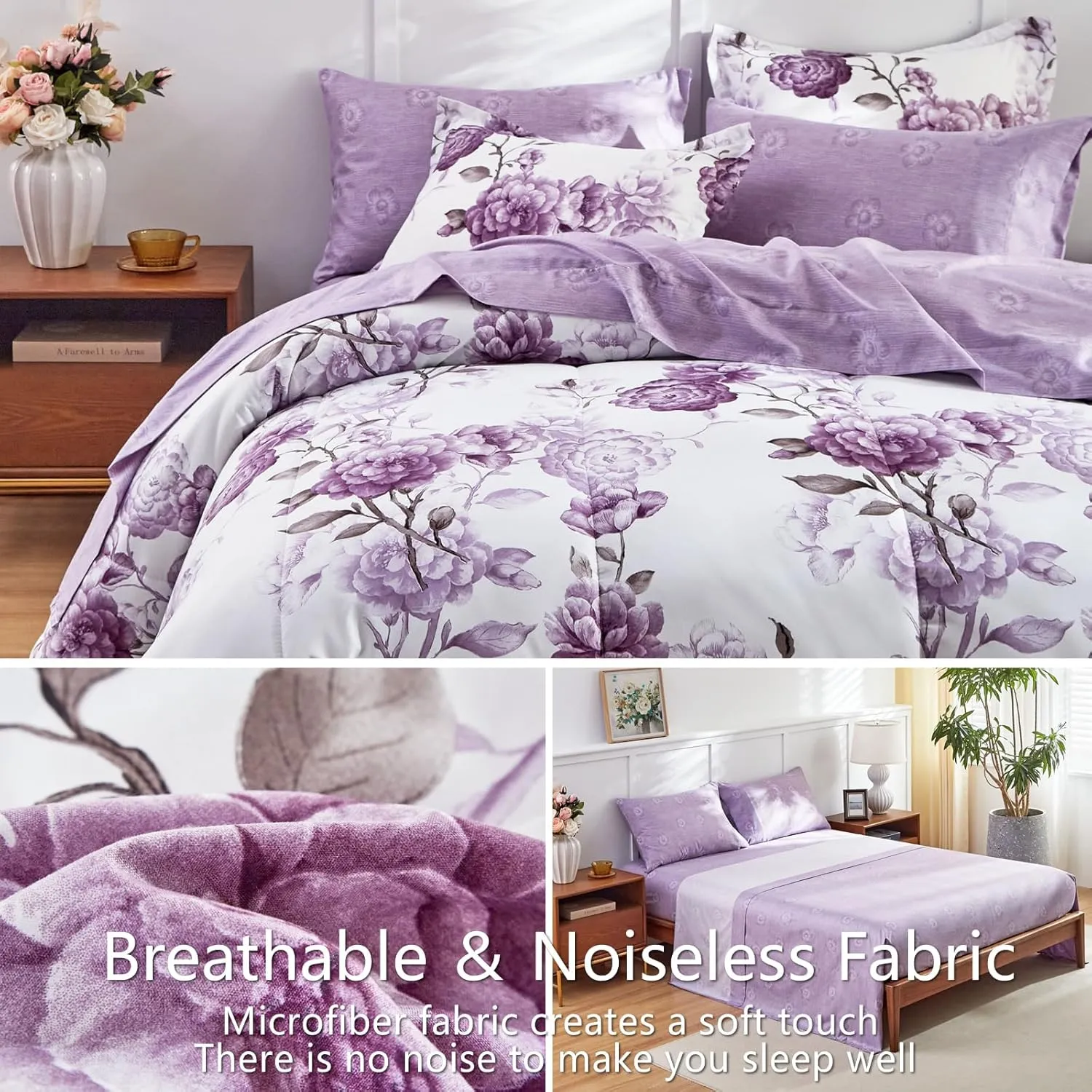 AIKASY 7-Piece Queen Size Bed in a Bag Comforter Set - Thistle Purple Floral Ensemble with Reversible Botanical Flowers Comforter, Sheets, Pillowcases & Shams