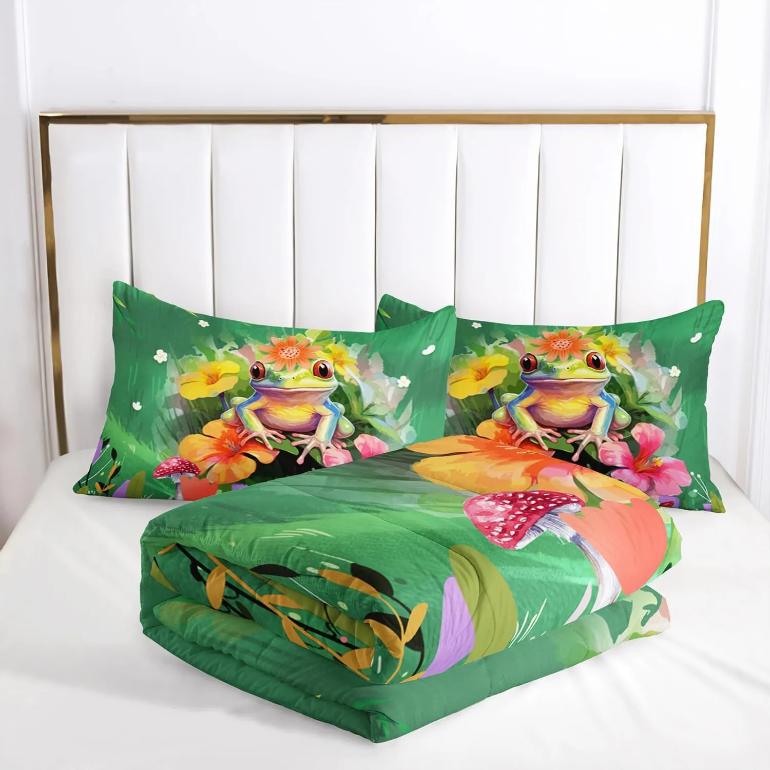 AILONEN Frog Comforter Set Twin Size, Cute Cartoon Frog Bedding Set for Kids Girls Boys,Natural Wild Fungus Bed in a Bag,Green Animals Duvet Set,3 PCS,1 Quilt and 2 Pillowcases