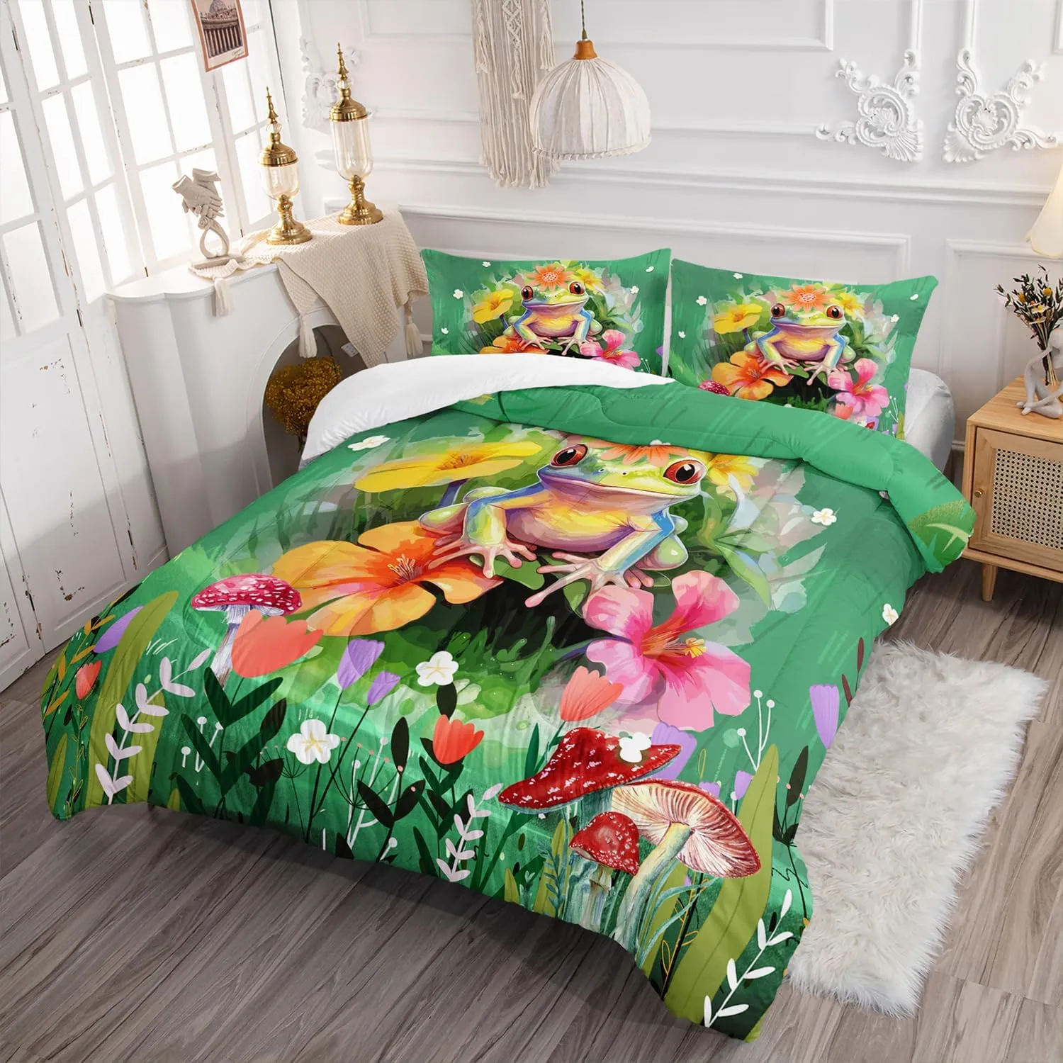 AILONEN Frog Comforter Set Twin Size, Cute Cartoon Frog Bedding Set for Kids Girls Boys,Natural Wild Fungus Bed in a Bag,Green Animals Duvet Set,3 PCS,1 Quilt and 2 Pillowcases
