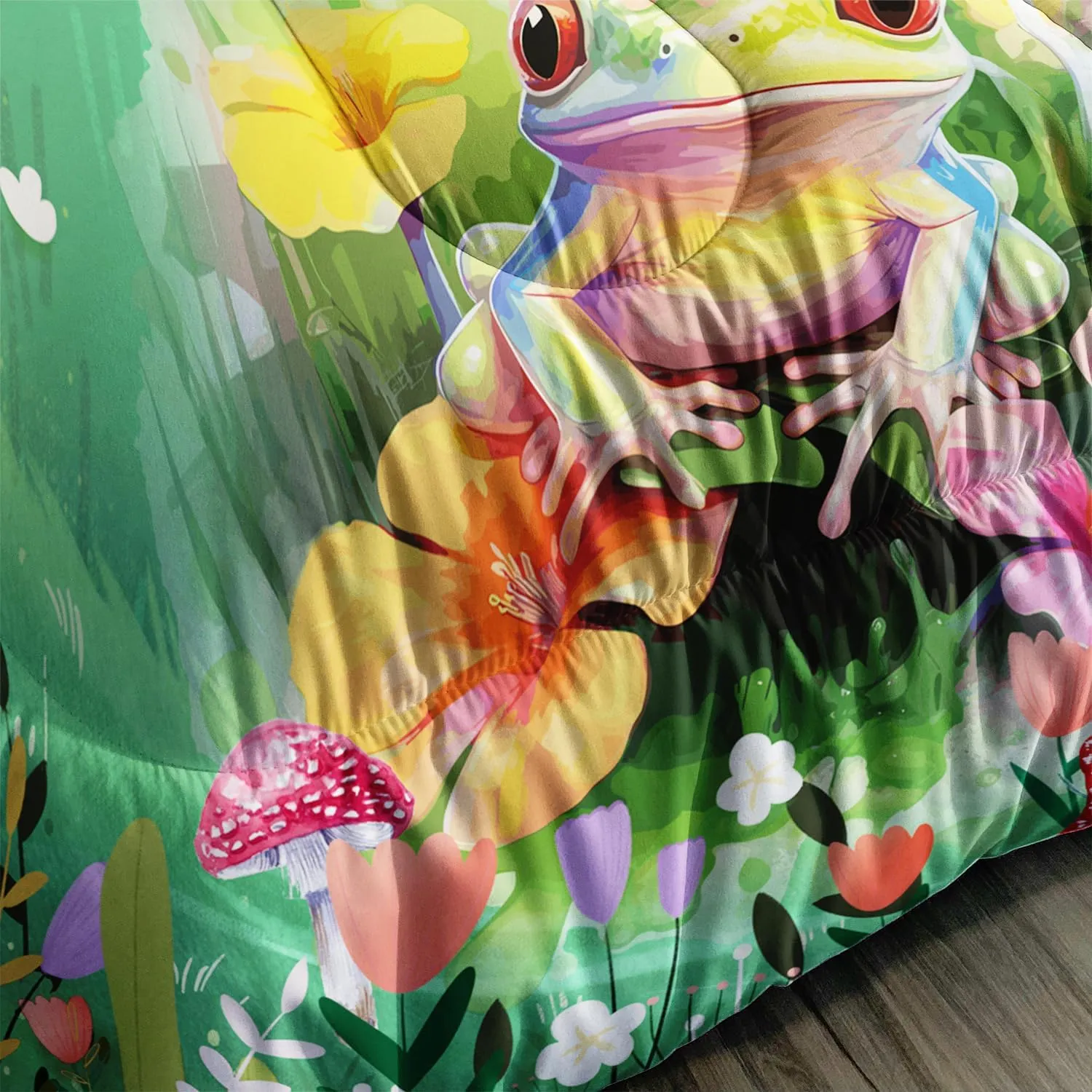 AILONEN Frog Comforter Set Twin Size, Cute Cartoon Frog Bedding Set for Kids Girls Boys,Natural Wild Fungus Bed in a Bag,Green Animals Duvet Set,3 PCS,1 Quilt and 2 Pillowcases