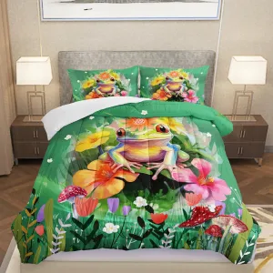 AILONEN Frog Comforter Set Twin Size, Cute Cartoon Frog Bedding Set for Kids Girls Boys,Natural Wild Fungus Bed in a Bag,Green Animals Duvet Set,3 PCS,1 Quilt and 2 Pillowcases