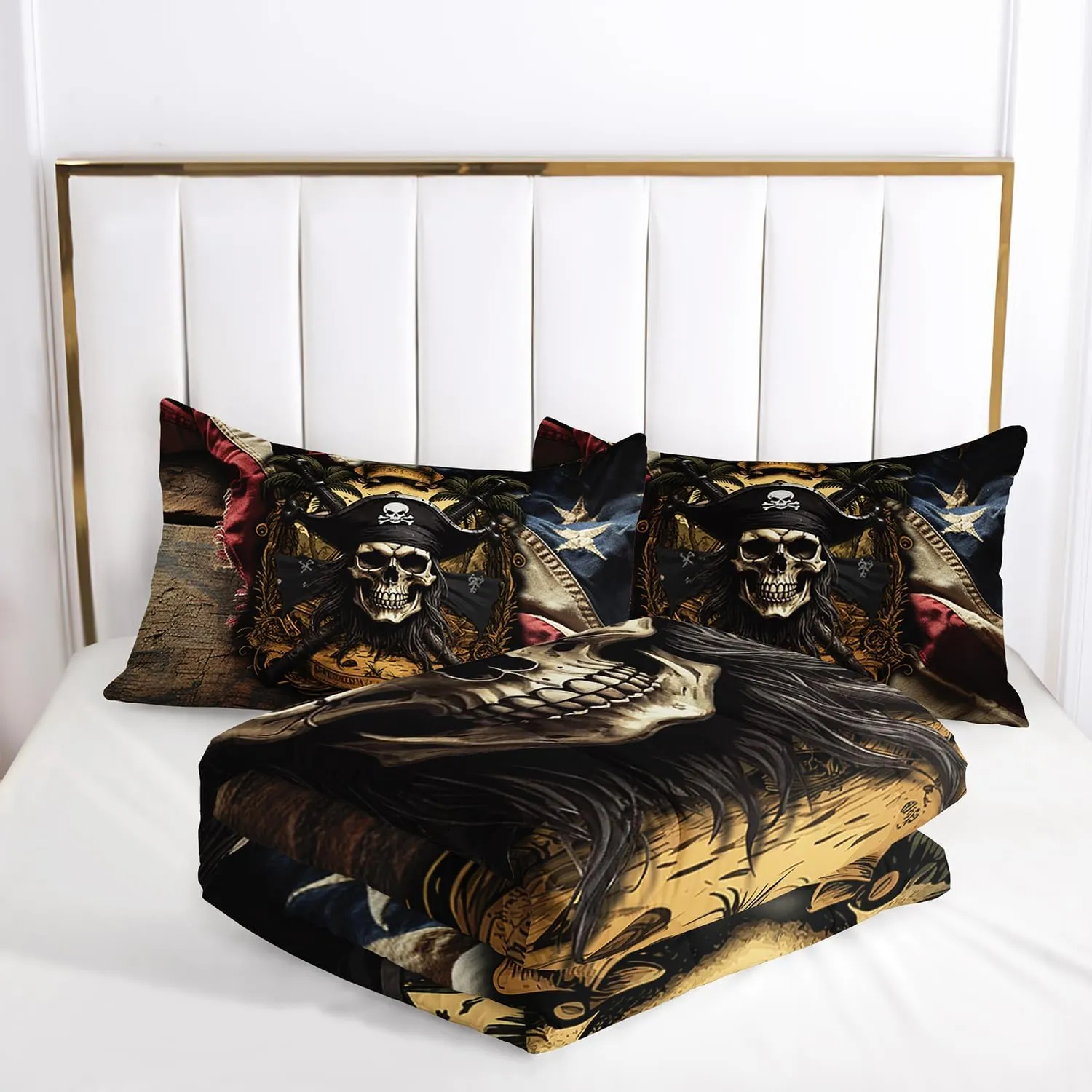 AILONEN Pirate Skull Comforter Set for Boys, Full American Flag Captain Skull Bedding Set, 3 Pieces Retro Nautical Skeleton Bed in a Bag Comforter and 2 Pillowcases