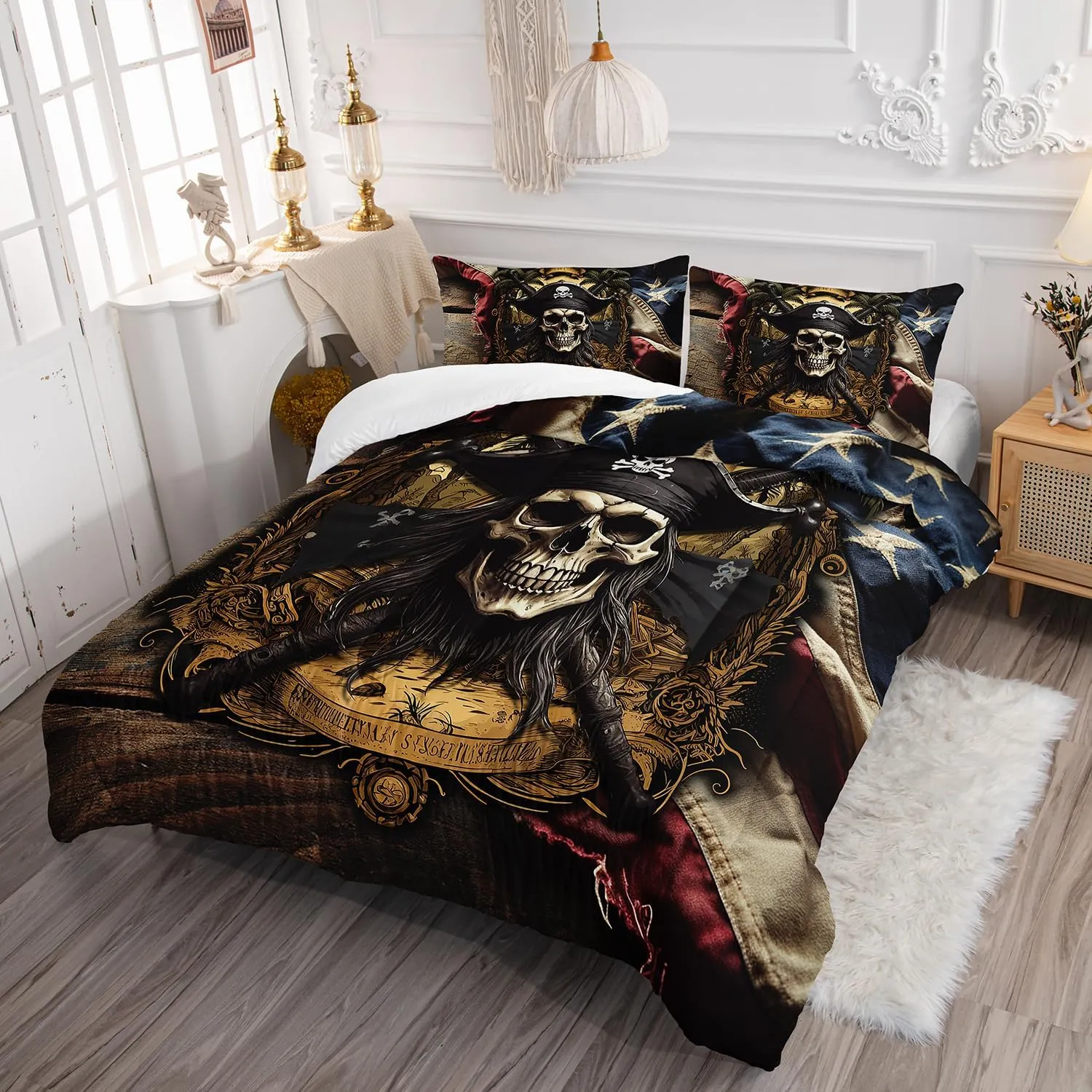 AILONEN Pirate Skull Comforter Set for Boys, Full American Flag Captain Skull Bedding Set, 3 Pieces Retro Nautical Skeleton Bed in a Bag Comforter and 2 Pillowcases