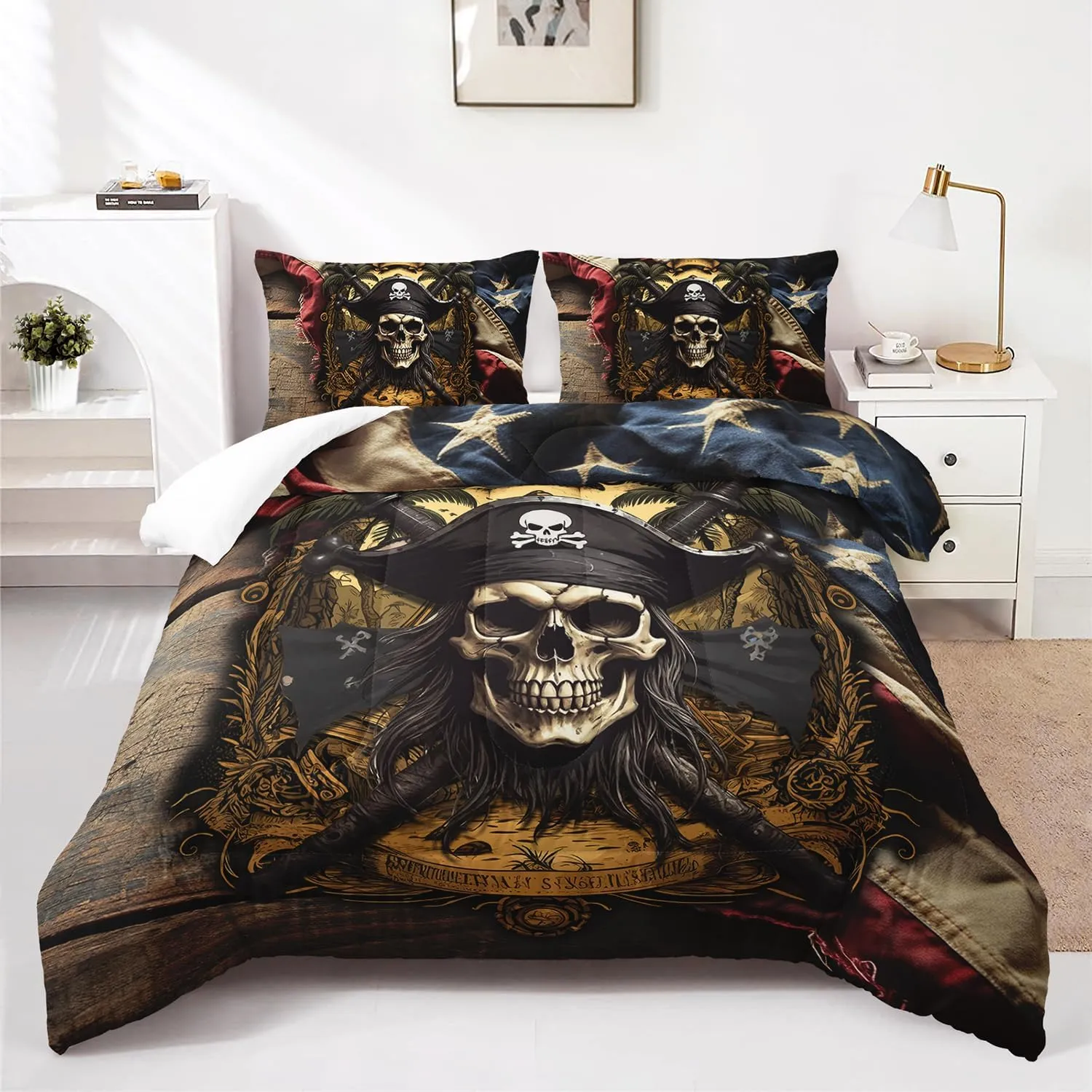 AILONEN Pirate Skull Comforter Set for Boys, Full American Flag Captain Skull Bedding Set, 3 Pieces Retro Nautical Skeleton Bed in a Bag Comforter and 2 Pillowcases