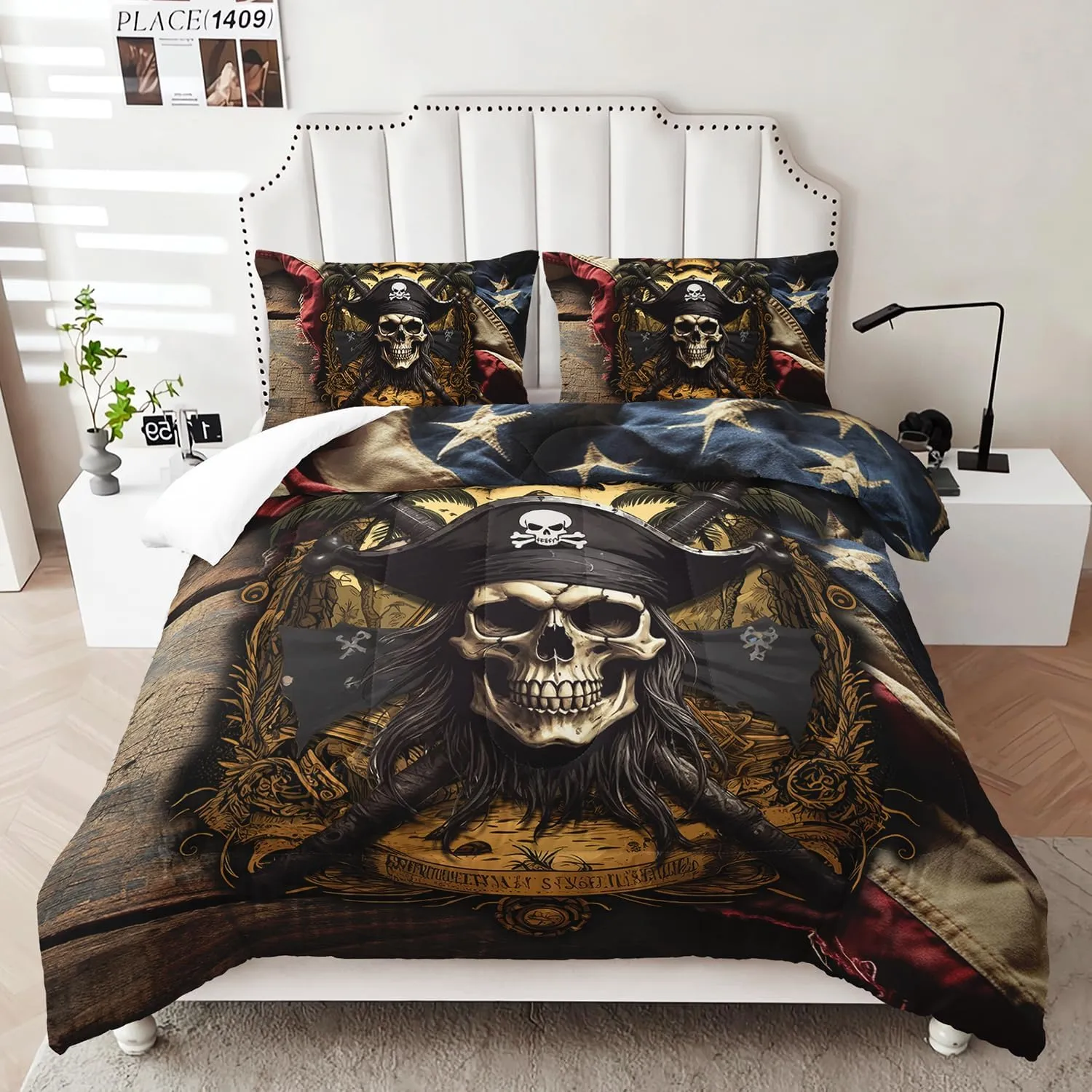 AILONEN Pirate Skull Comforter Set for Boys, Full American Flag Captain Skull Bedding Set, 3 Pieces Retro Nautical Skeleton Bed in a Bag Comforter and 2 Pillowcases