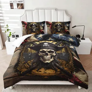 AILONEN Pirate Skull Comforter Set for Boys, Full American Flag Captain Skull Bedding Set, 3 Pieces Retro Nautical Skeleton Bed in a Bag Comforter and 2 Pillowcases