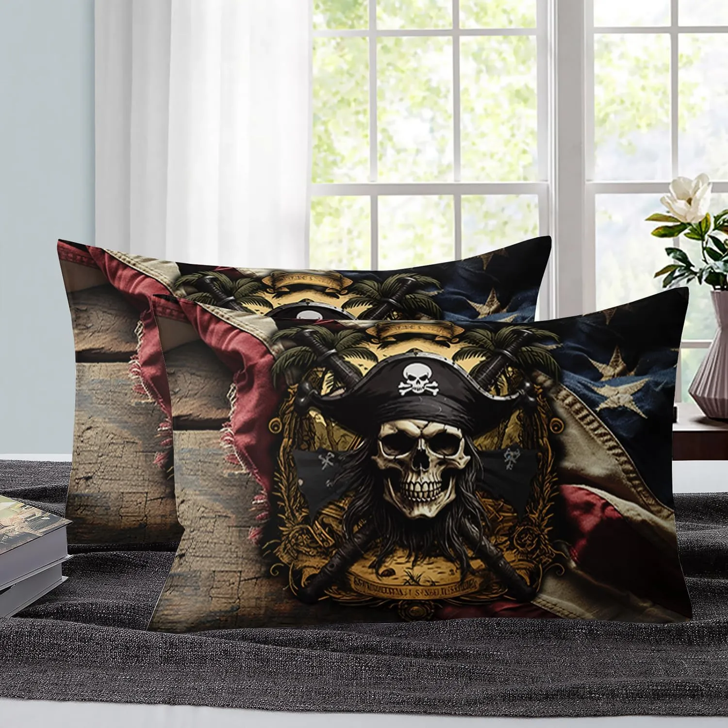 AILONEN Pirate Skull Comforter Set for Boys, Full American Flag Captain Skull Bedding Set, 3 Pieces Retro Nautical Skeleton Bed in a Bag Comforter and 2 Pillowcases