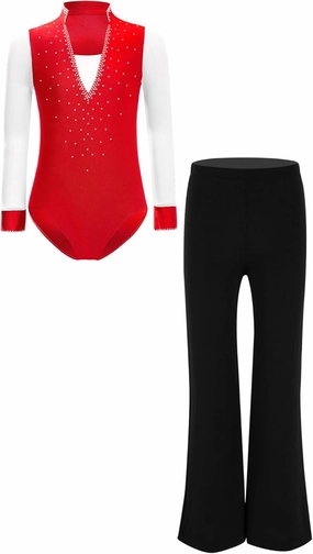 Aislor Kids Boys Sparkle Long Sleeve Gymnastic Leotard Latin Dance Bodysuit and Pants Set Figure Ice Skating Outfits