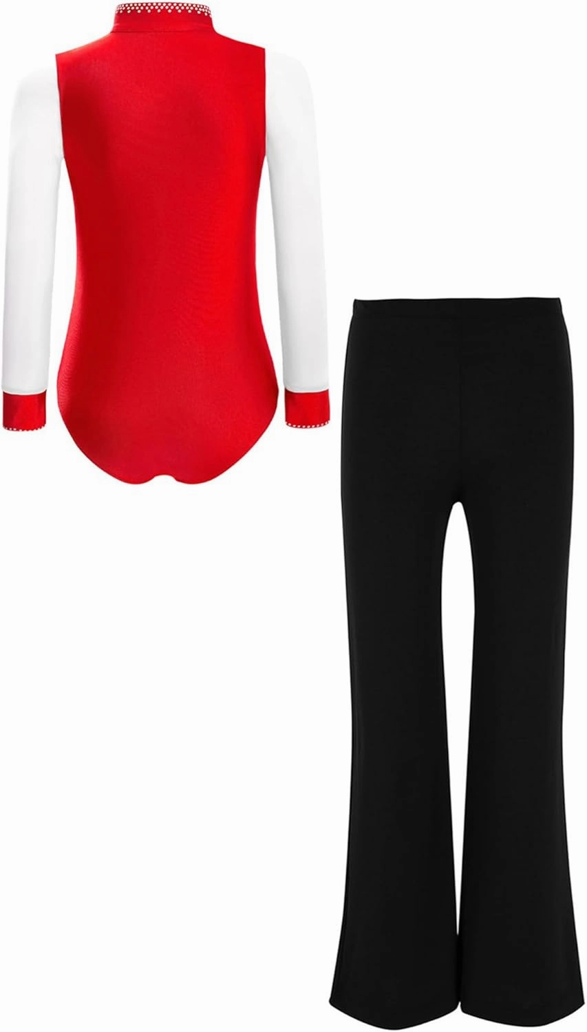 Aislor Kids Boys Sparkle Long Sleeve Gymnastic Leotard Latin Dance Bodysuit and Pants Set Figure Ice Skating Outfits