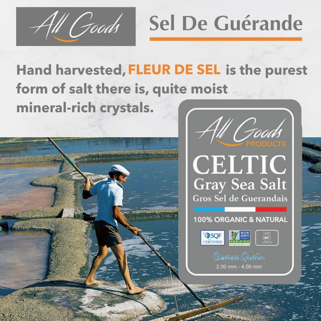 All Goods Organic Celtic Salt – 4 lb Coarse Jar, 82 Minerals, French Gray, Hand-Harvested, Les Guérandais, Unrefined.