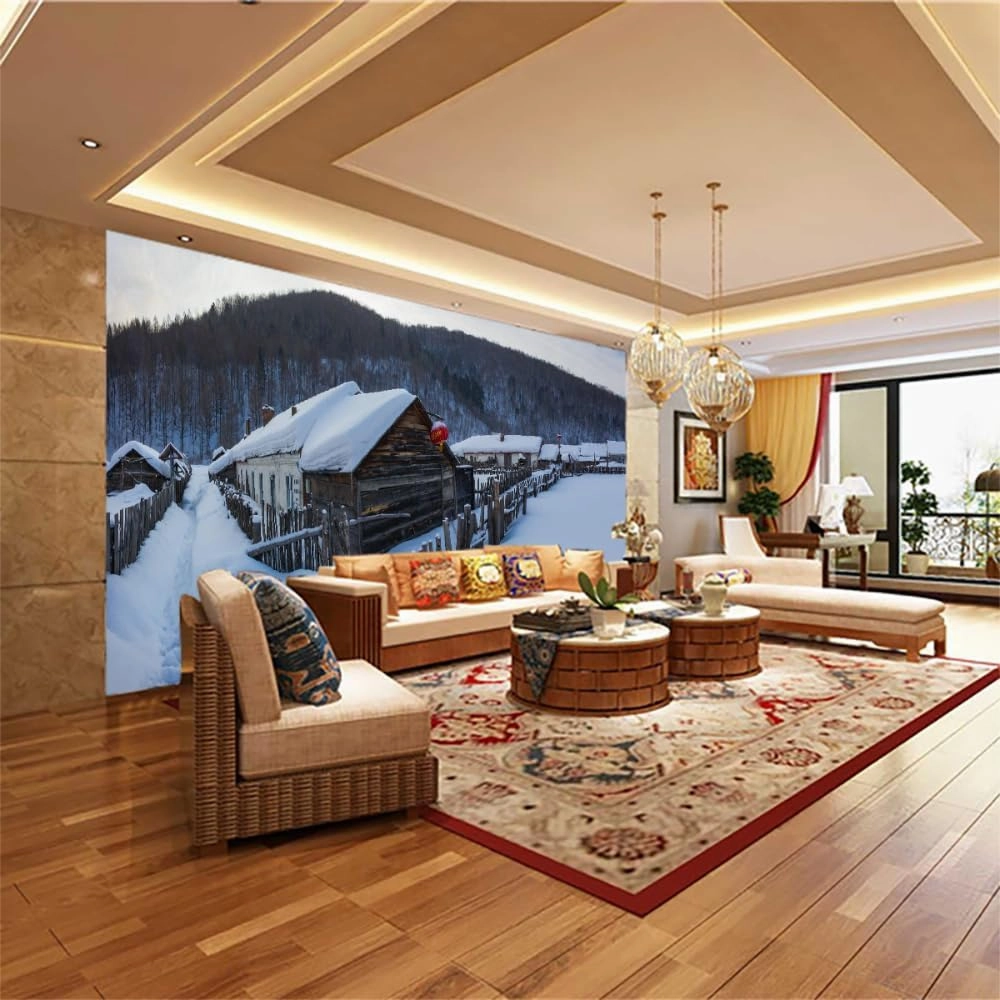 Alpine Forest Wall Mural, Snow Cabin Murals High Resolution Pictures Poster,Large Wallpaper Wall Decor for Bedroom Living Room Tv Background Room Decor,116" W x91 H