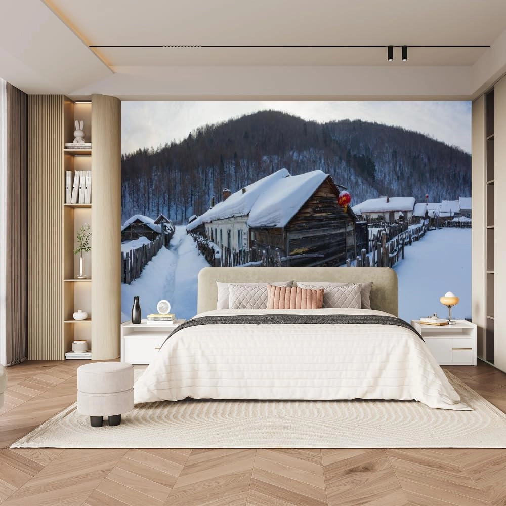 Alpine Forest Wall Mural, Snow Cabin Murals High Resolution Pictures Poster,Large Wallpaper Wall Decor for Bedroom Living Room Tv Background Room Decor,116" W x91 H