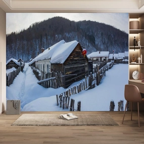 Alpine Forest Wall Mural, Snow Cabin Murals High Resolution Pictures Poster,Large Wallpaper Wall Decor for Bedroom Living Room Tv Background Room Decor,116" W x91 H