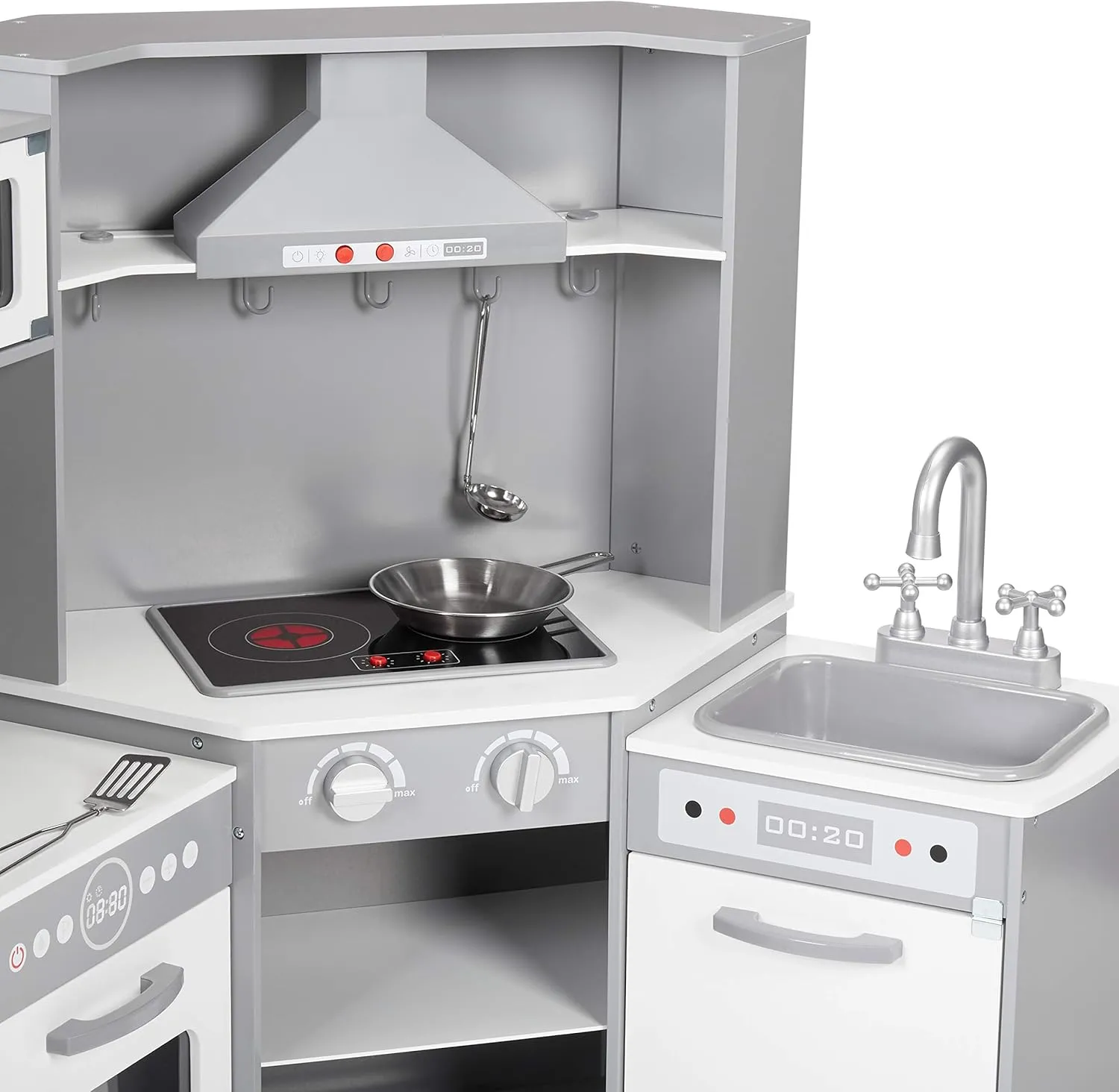 Amazon Basics Kids Corner Wooden Kitchen Toy Playset with Stove, Oven, Sink, Fridge and Accessories, for Toddlers, Preschoolers, Children Age 3  Years, White & Gray, 39.37"L x 28.35"W x 35.04"H