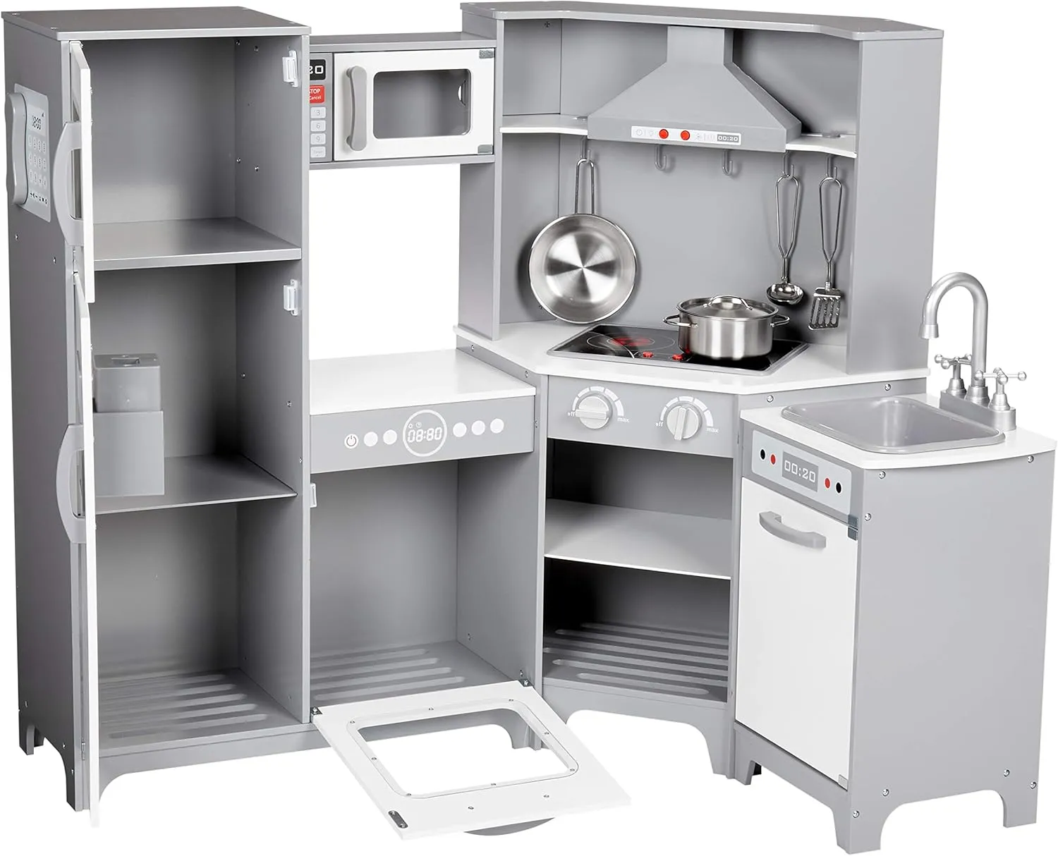 Amazon Basics Kids Corner Wooden Kitchen Toy Playset with Stove, Oven, Sink, Fridge and Accessories, for Toddlers, Preschoolers, Children Age 3  Years, White & Gray, 39.37"L x 28.35"W x 35.04"H