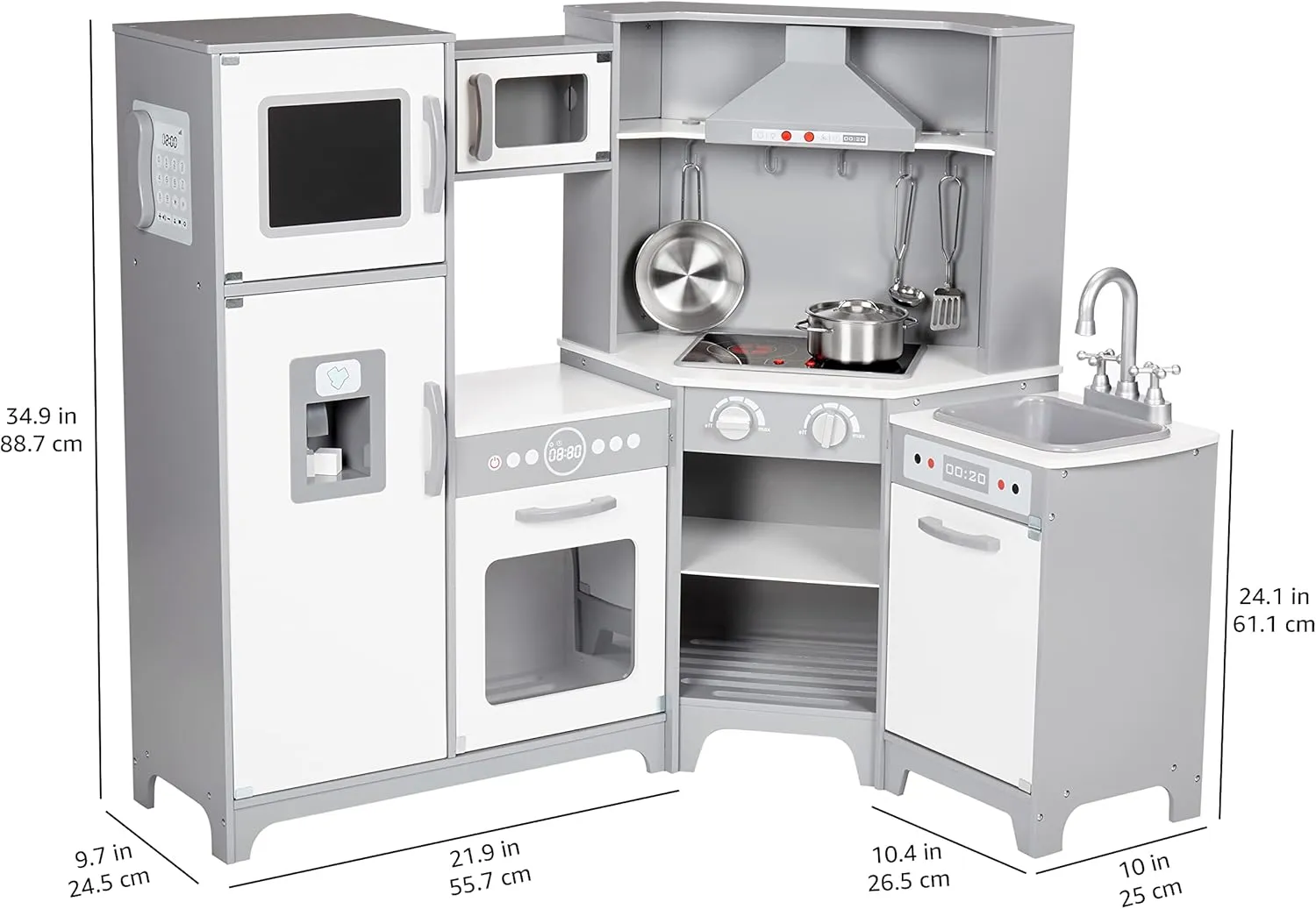 Amazon Basics Kids Corner Wooden Kitchen Toy Playset with Stove, Oven, Sink, Fridge and Accessories, for Toddlers, Preschoolers, Children Age 3  Years, White & Gray, 39.37"L x 28.35"W x 35.04"H