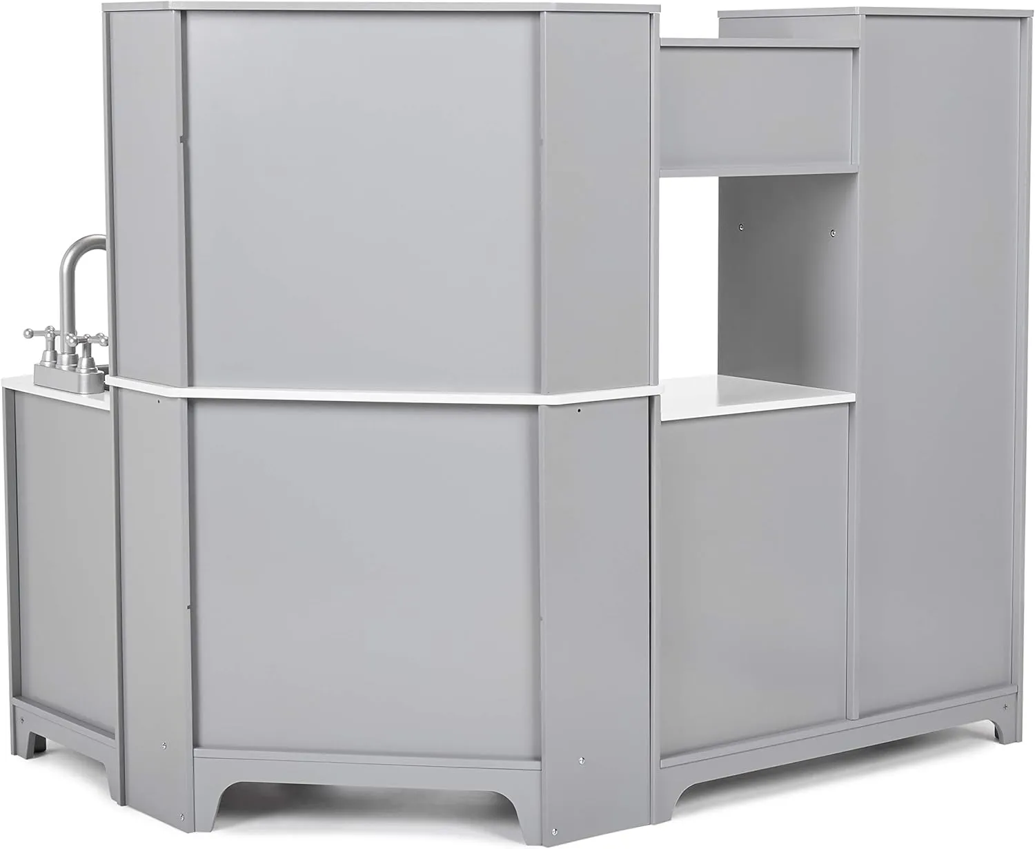 Amazon Basics Kids Corner Wooden Kitchen Toy Playset with Stove, Oven, Sink, Fridge and Accessories, for Toddlers, Preschoolers, Children Age 3  Years, White & Gray, 39.37"L x 28.35"W x 35.04"H