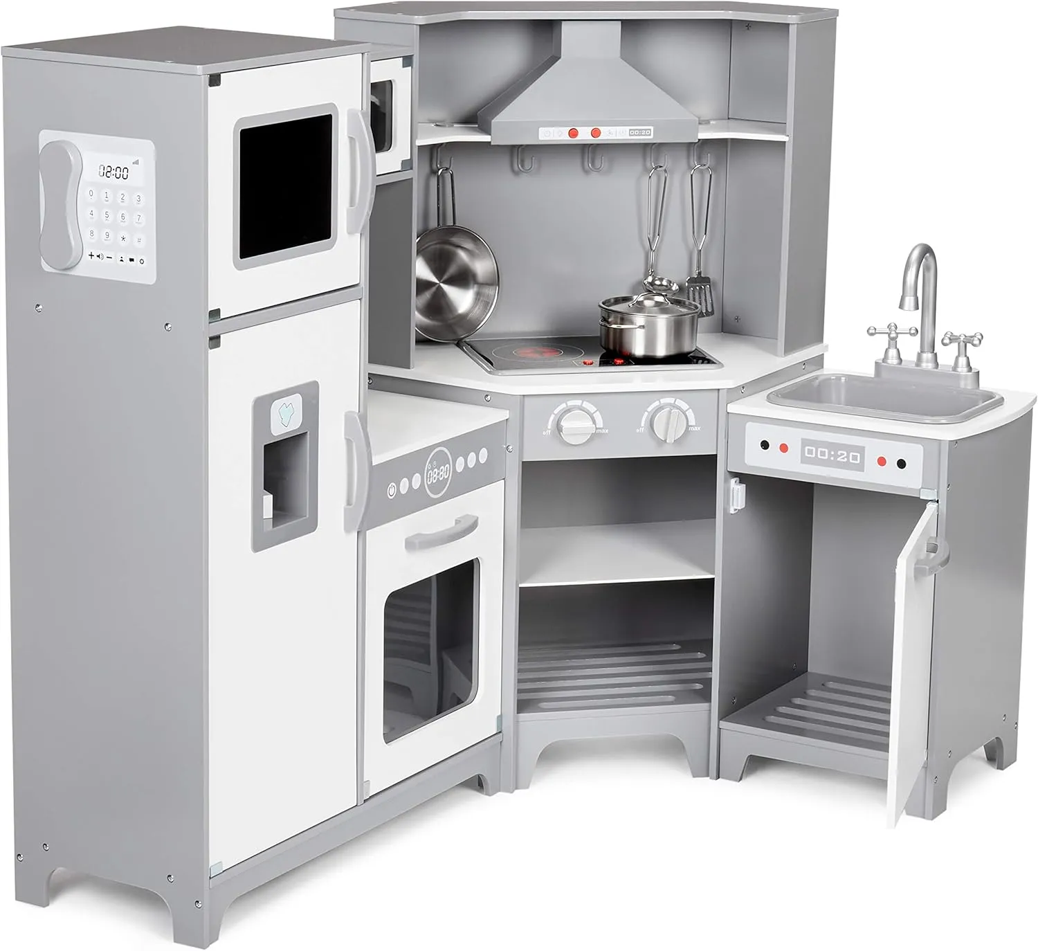 Amazon Basics Kids Corner Wooden Kitchen Toy Playset with Stove, Oven, Sink, Fridge and Accessories, for Toddlers, Preschoolers, Children Age 3  Years, White & Gray, 39.37"L x 28.35"W x 35.04"H