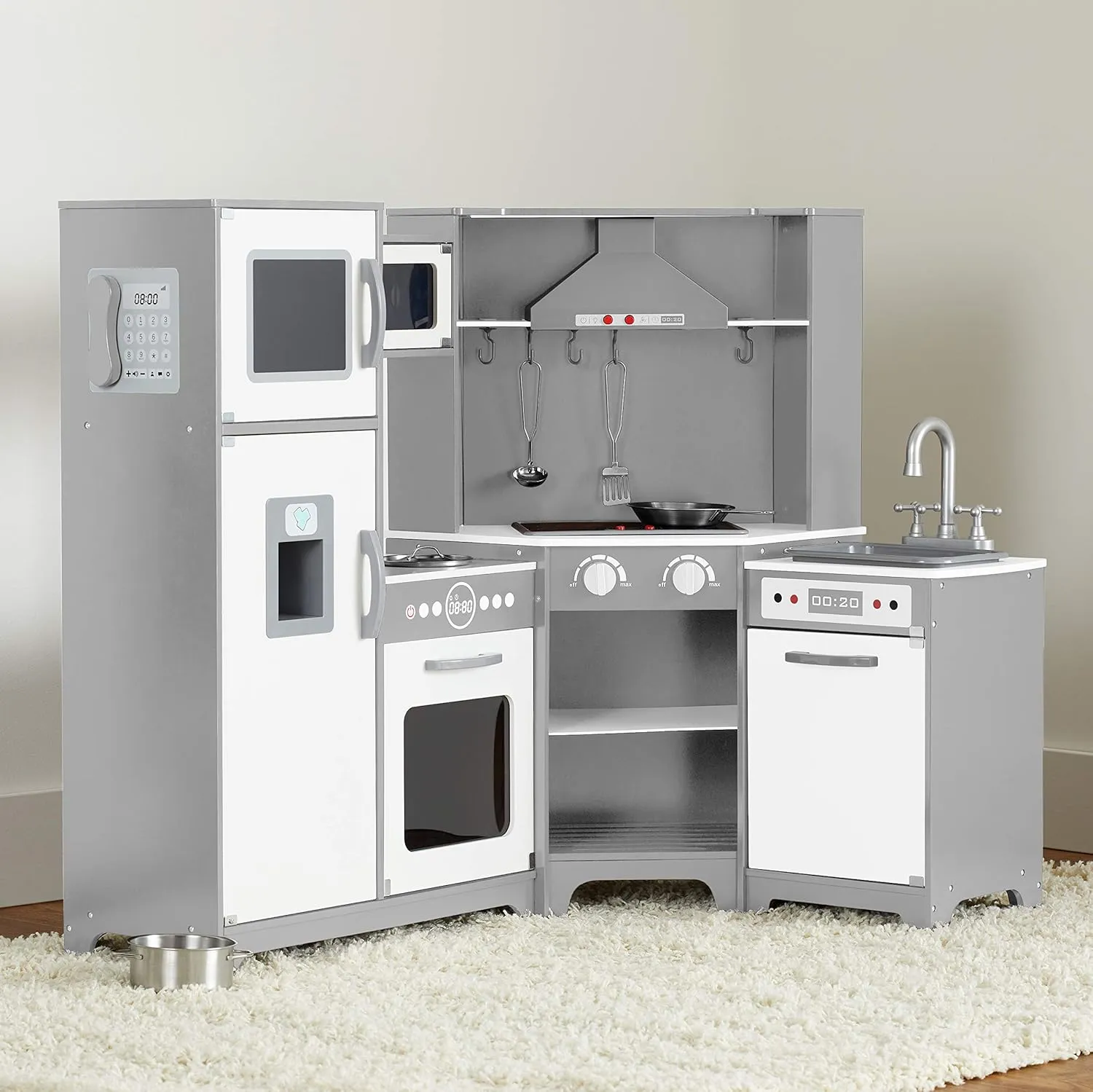 Amazon Basics Kids Corner Wooden Kitchen Toy Playset with Stove, Oven, Sink, Fridge and Accessories, for Toddlers, Preschoolers, Children Age 3  Years, White & Gray, 39.37"L x 28.35"W x 35.04"H