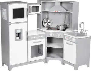 Amazon Basics Kids Corner Wooden Kitchen Toy Playset with Stove, Oven, Sink, Fridge and Accessories, for Toddlers, Preschoolers, Children Age 3  Years, White & Gray, 39.37"L x 28.35"W x 35.04"H