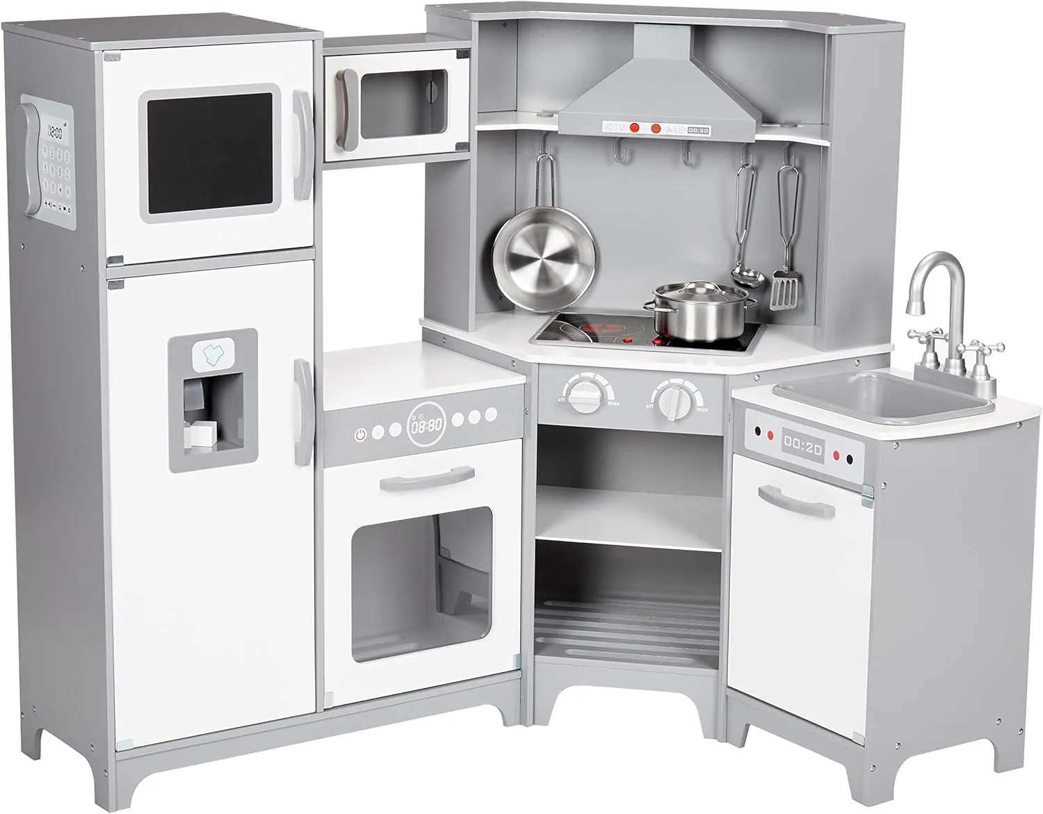 Amazon Basics Kids Corner Wooden Kitchen Toy Playset with Stove, Oven, Sink, Fridge and Accessories, for Toddlers, Preschoolers, Children Age 3  Years, White & Gray, 39.37"L x 28.35"W x 35.04"H
