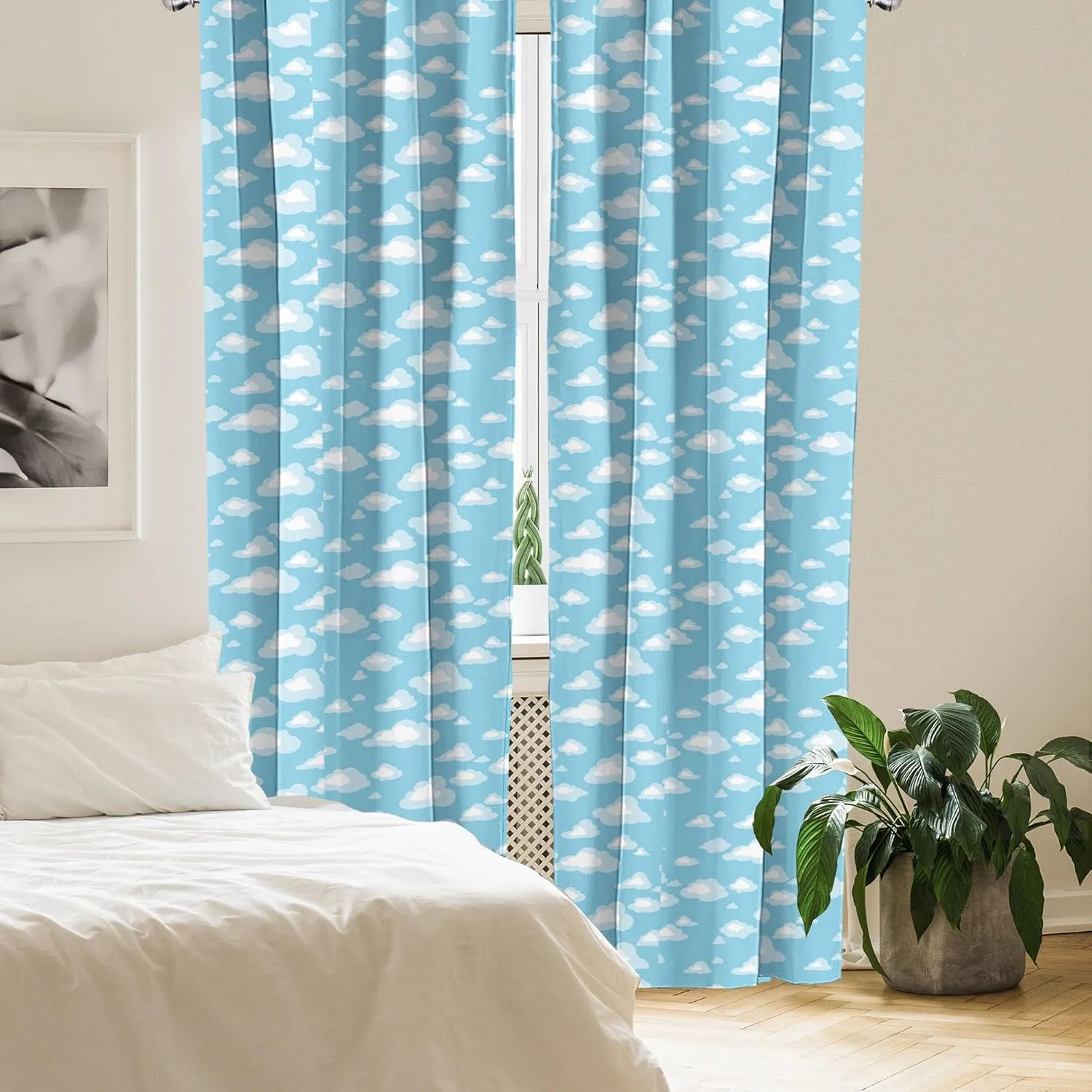 Ambesonne Blue and White Curtains, Cartoon Sky with Fluffy Clouds Clear Day Pattern, Window Treatments 2 Panel Set for Living Room Bedroom, Pair of - 28" x 63", Baby Blue