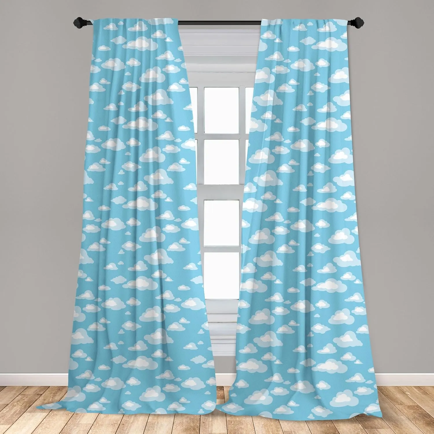 Ambesonne Blue and White Curtains, Cartoon Sky with Fluffy Clouds Clear Day Pattern, Window Treatments 2 Panel Set for Living Room Bedroom, Pair of - 28" x 63", Baby Blue
