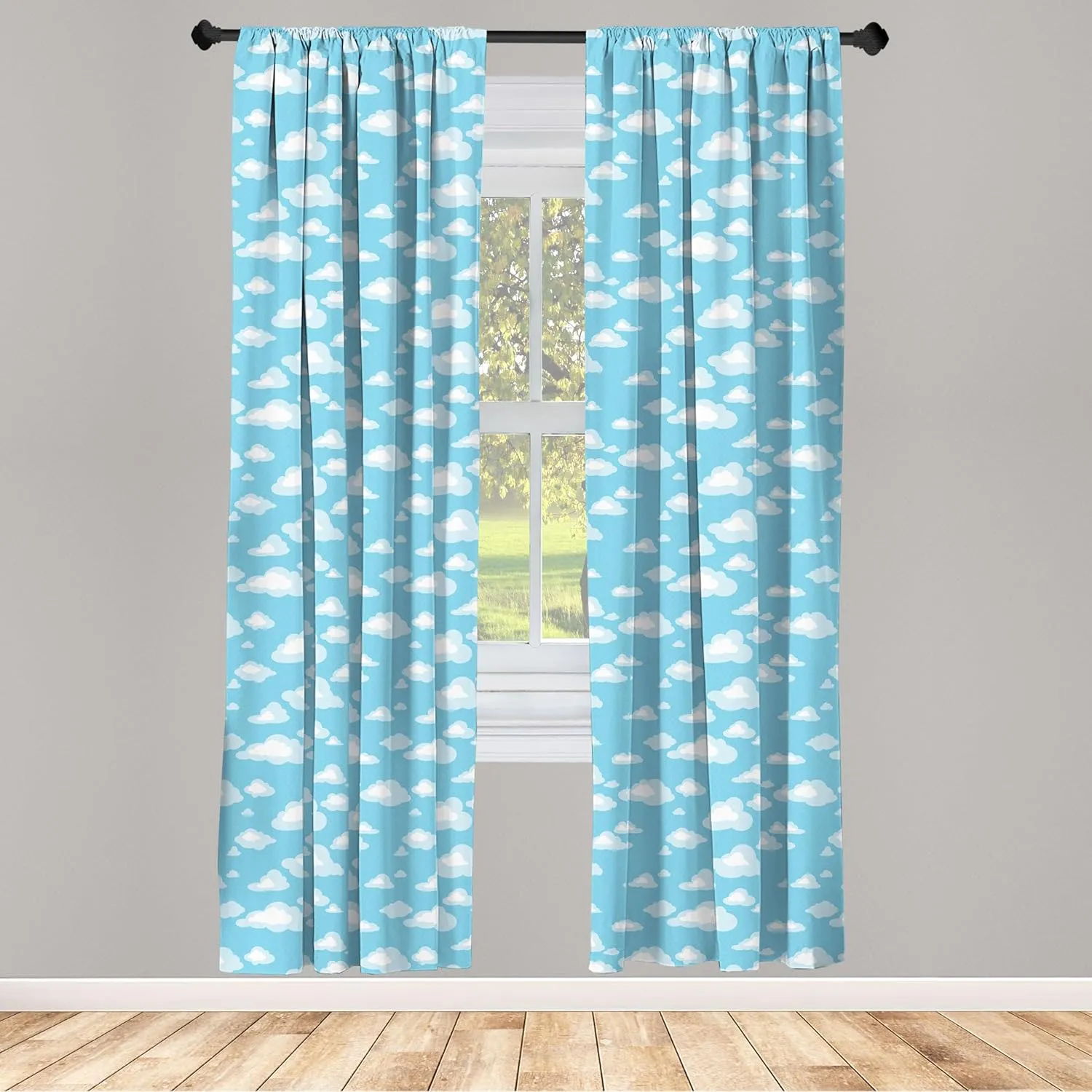 Ambesonne Blue and White Curtains, Cartoon Sky with Fluffy Clouds Clear Day Pattern, Window Treatments 2 Panel Set for Living Room Bedroom, Pair of - 28" x 63", Baby Blue