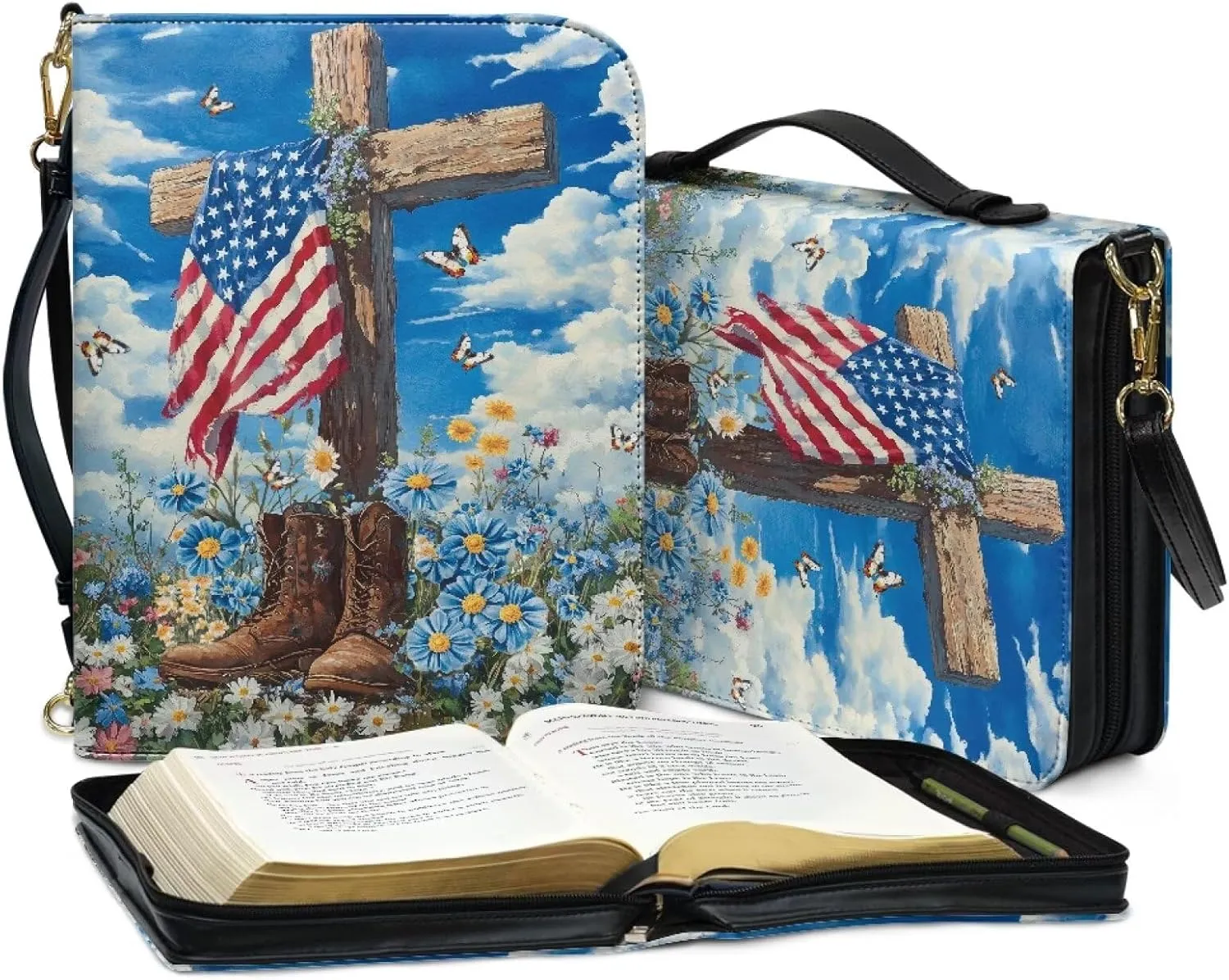 American Cross Bible Cover Case Portable Bible Covers with Multiple Pockets PU Leather Bible Bag Lightweight Bible Study Supplies Fits for Standard Size Bible