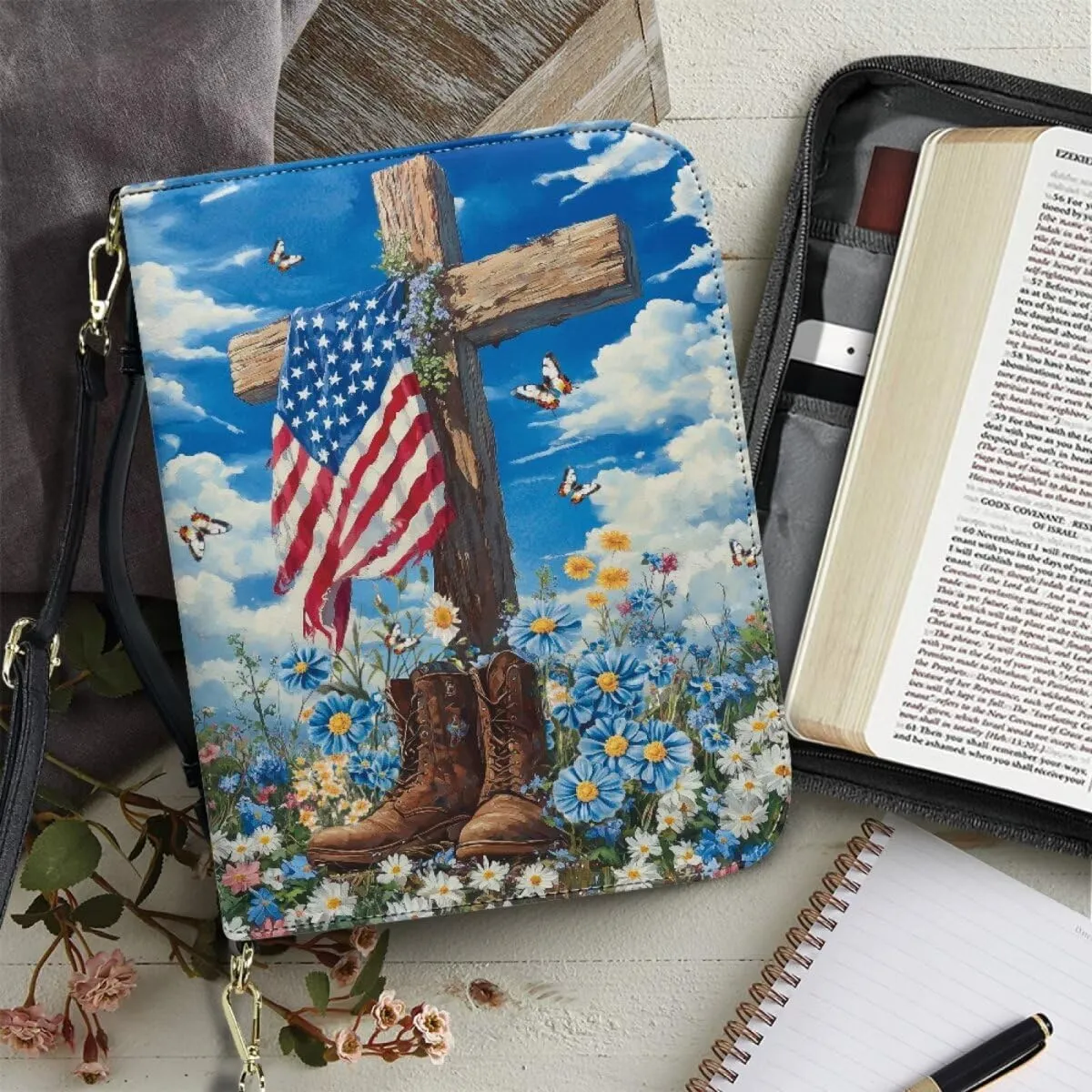 American Cross Bible Cover Case Portable Bible Covers with Multiple Pockets PU Leather Bible Bag Lightweight Bible Study Supplies Fits for Standard Size Bible