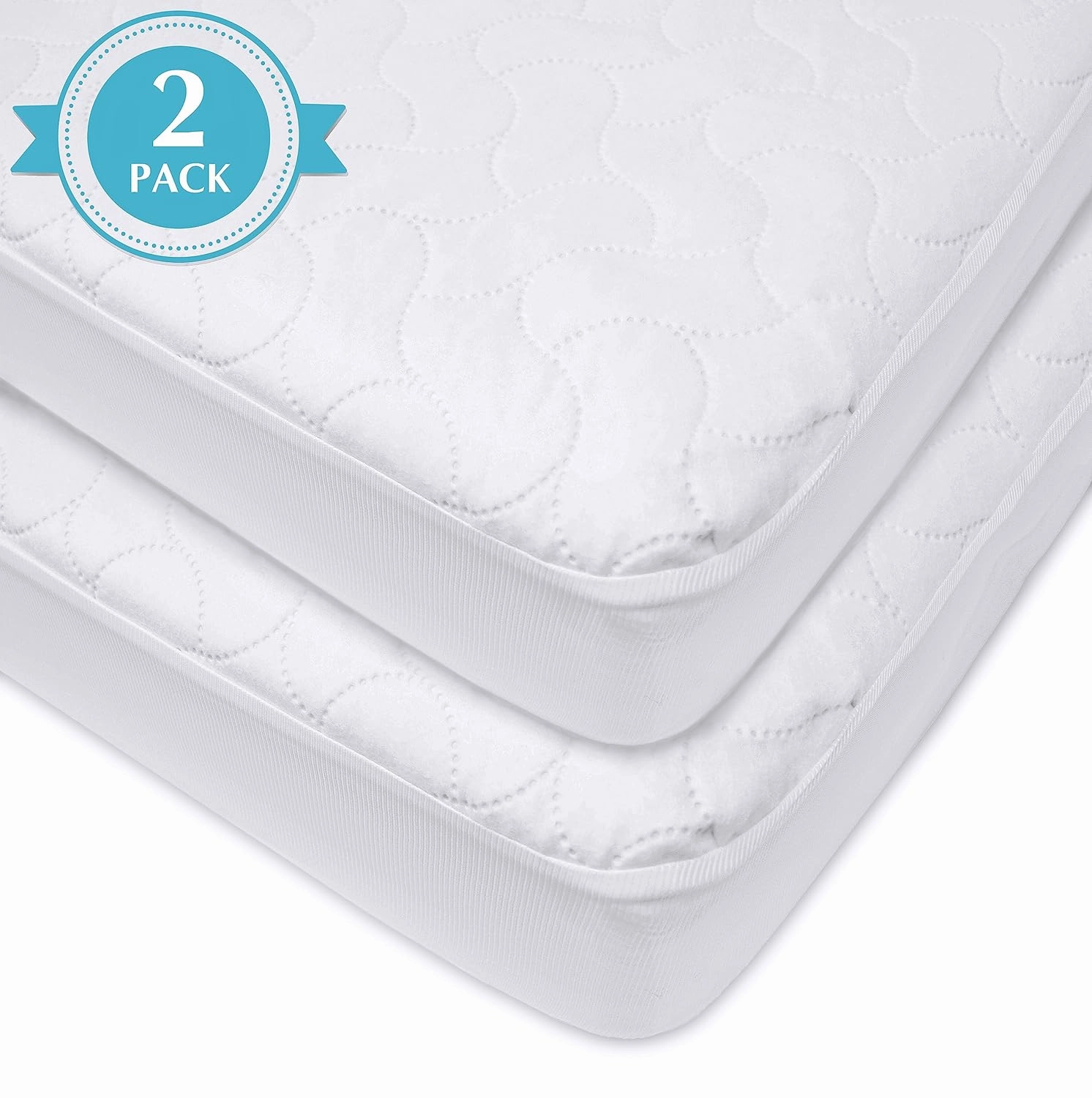 American Baby Company 2 Pack Waterproof Fitted Crib and Toddler Mattress Protector, Quilted and Noiseless Crib & Toddler Mattress Pad Cover, White, 52"x28"x9"