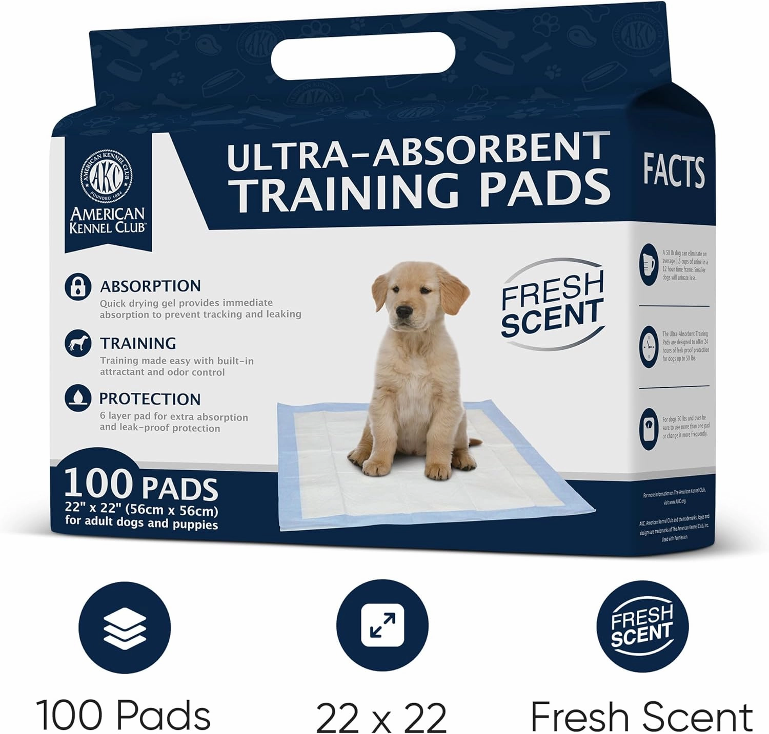 American Kennel Club Scented Puppy Training Pads with Ultra Absorbent Quick Dry Gel – 22 x 22 Pee Pads for Dogs - Fresh Scented - Pack of 100