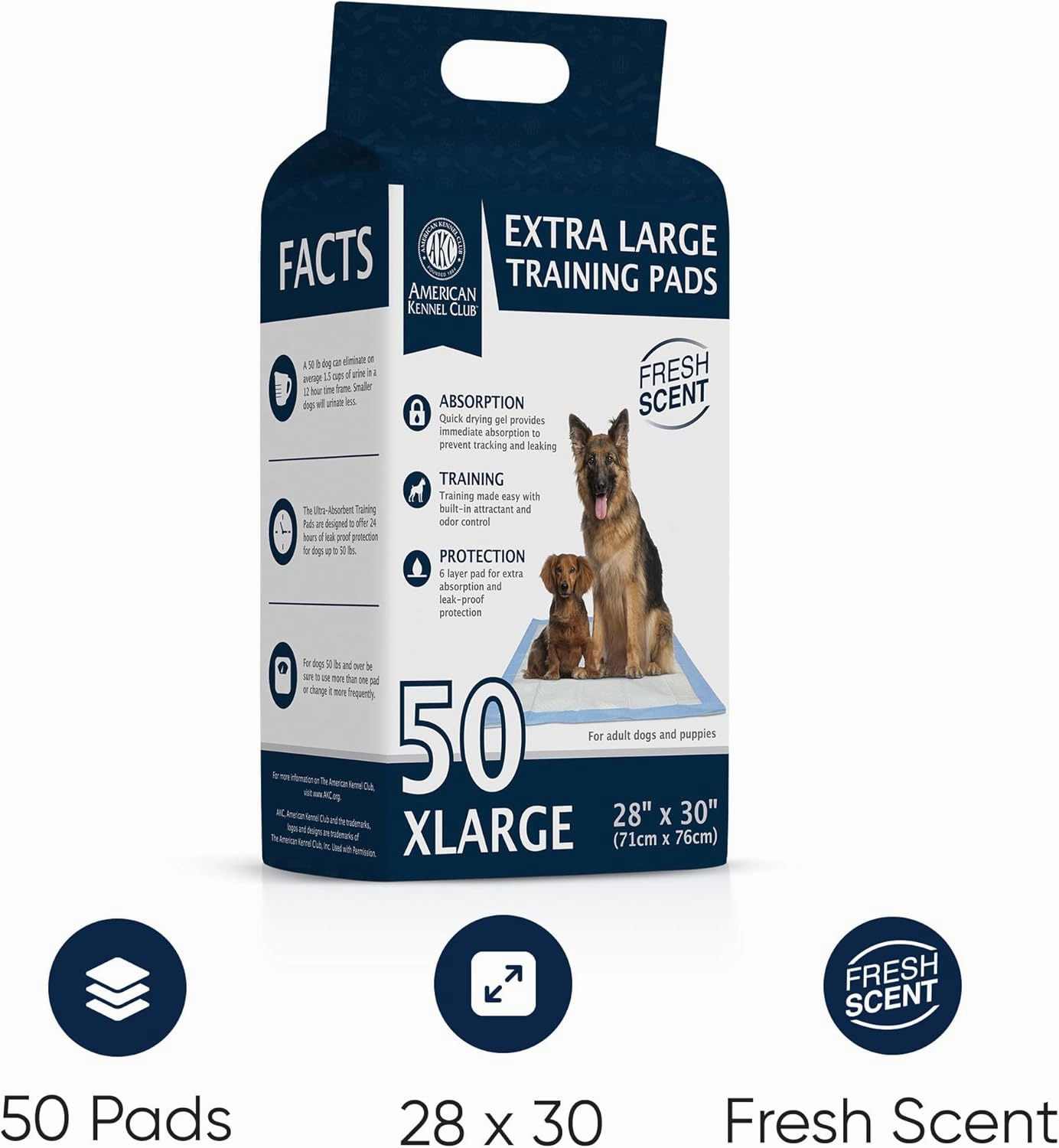 American Kennel Club Scented Puppy Training Pads with Ultra Absorbent Quick Dry Gel – 28 x 30 Pee Pads for Dogs - Fresh Scented - 50 Count, XL