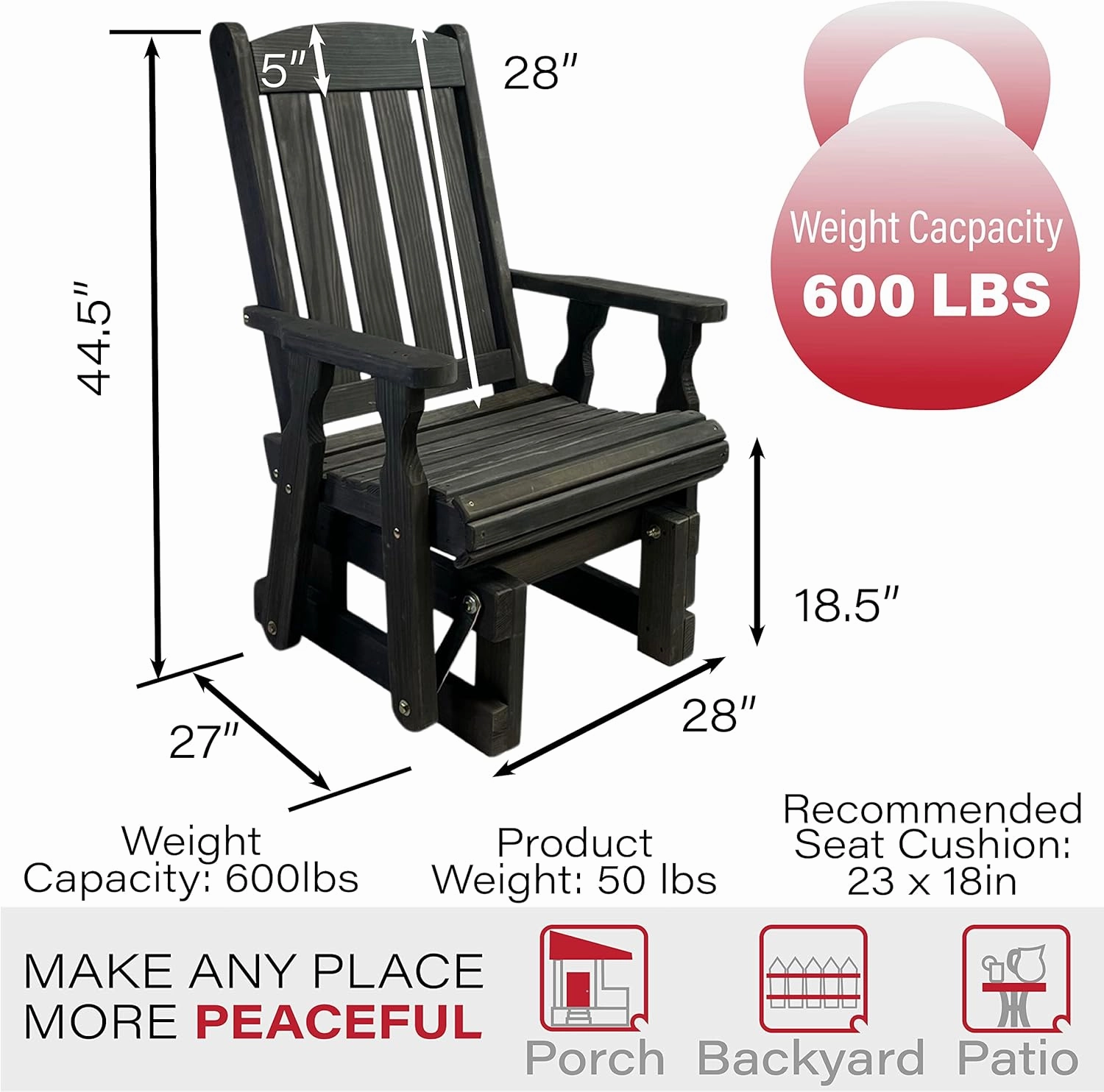 Amish Casual Heavy Duty 600 Lb Mission High Back Treated Glider Chair (Semi-Solid Black Stain)