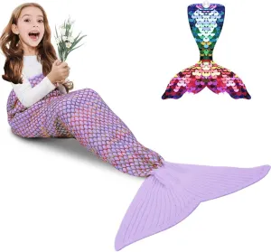 AmyHomie Mermaid Tail Blanket, Hand Crochet Mermaid Blanket for Kids, Super Soft Breathable Little Mermaid Tail Sleeping Bag, Best Mermaid Gifts for Girls(Light Purple Rainbow, Kids)