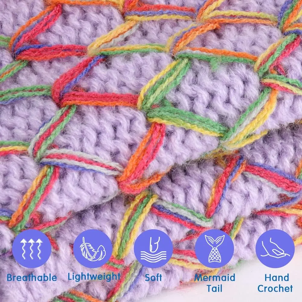 AmyHomie Mermaid Tail Blanket, Hand Crochet Mermaid Blanket for Kids, Super Soft Breathable Little Mermaid Tail Sleeping Bag, Best Mermaid Gifts for Girls(Light Purple Rainbow, Kids)
