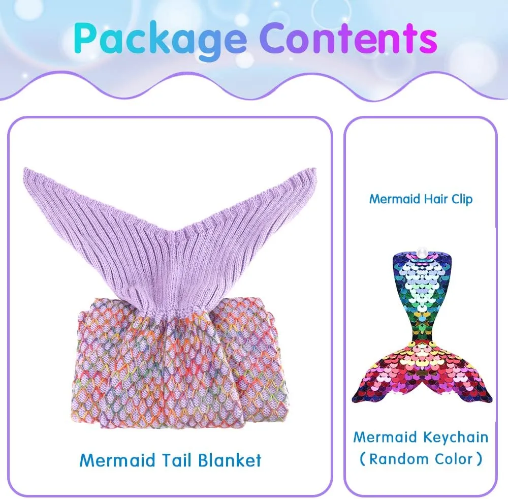 AmyHomie Mermaid Tail Blanket, Hand Crochet Mermaid Blanket for Kids, Super Soft Breathable Little Mermaid Tail Sleeping Bag, Best Mermaid Gifts for Girls(Light Purple Rainbow, Kids)
