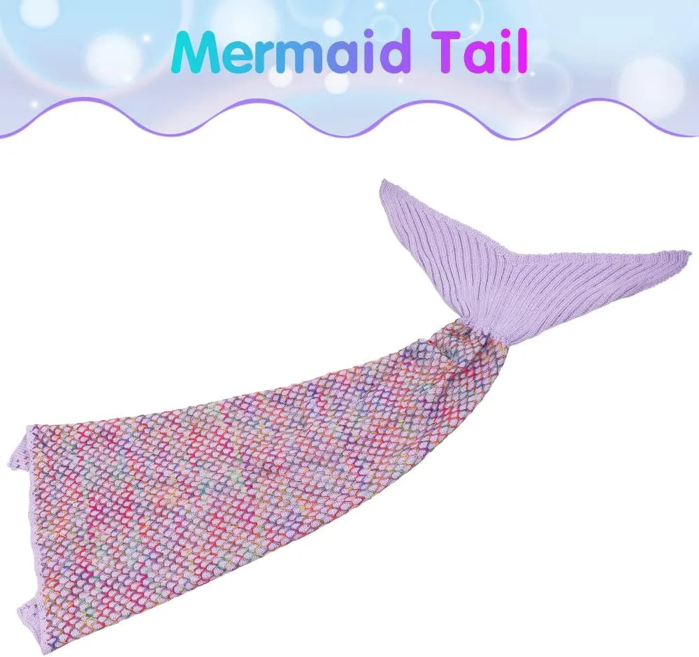 AmyHomie Mermaid Tail Blanket, Hand Crochet Mermaid Blanket for Kids, Super Soft Breathable Little Mermaid Tail Sleeping Bag, Best Mermaid Gifts for Girls(Light Purple Rainbow, Kids)