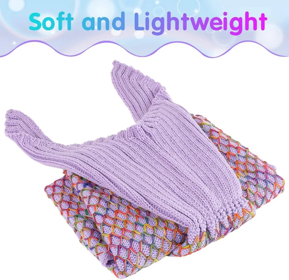 AmyHomie Mermaid Tail Blanket, Hand Crochet Mermaid Blanket for Kids, Super Soft Breathable Little Mermaid Tail Sleeping Bag, Best Mermaid Gifts for Girls(Light Purple Rainbow, Kids)
