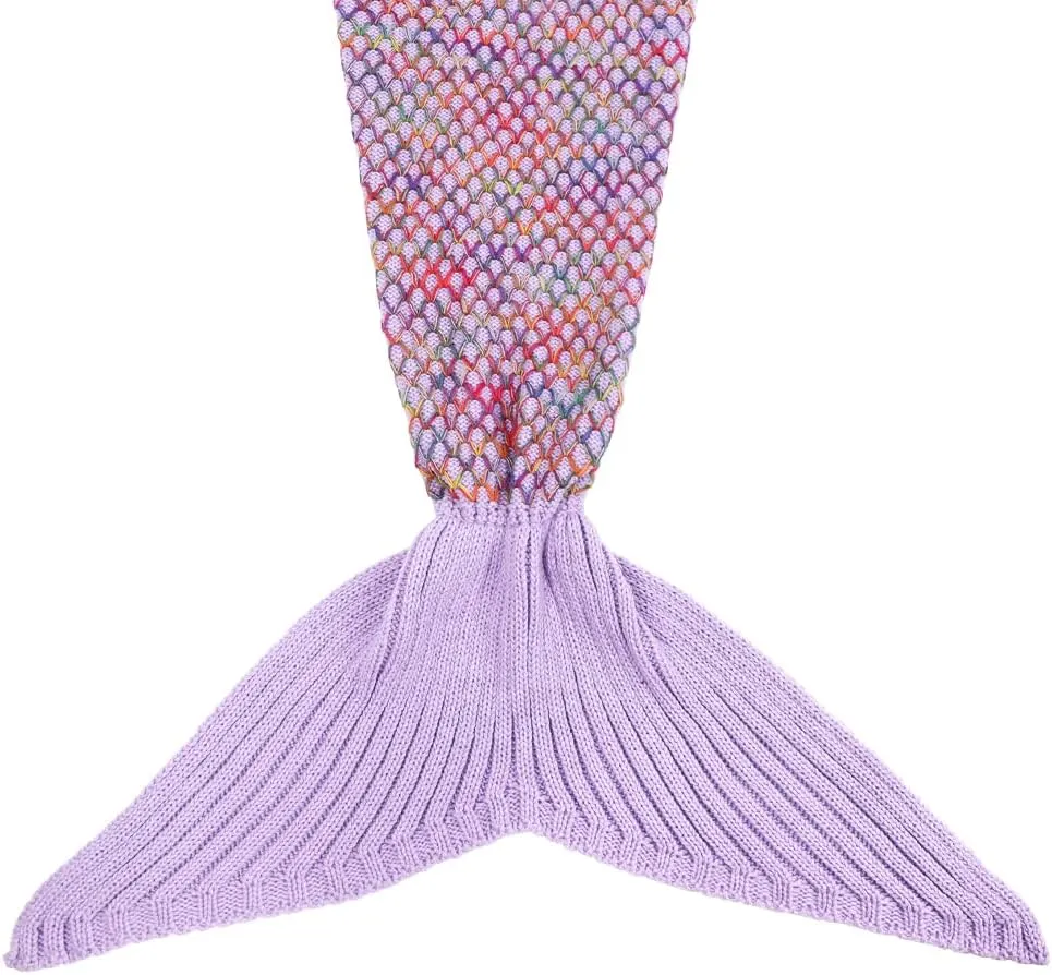 AmyHomie Mermaid Tail Blanket, Hand Crochet Mermaid Blanket for Kids, Super Soft Breathable Little Mermaid Tail Sleeping Bag, Best Mermaid Gifts for Girls(Light Purple Rainbow, Kids)