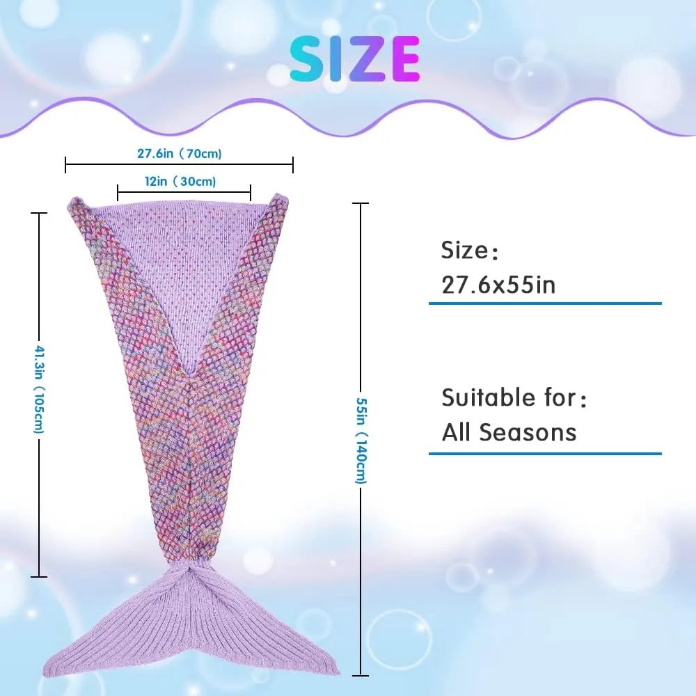 AmyHomie Mermaid Tail Blanket, Hand Crochet Mermaid Blanket for Kids, Super Soft Breathable Little Mermaid Tail Sleeping Bag, Best Mermaid Gifts for Girls(Light Purple Rainbow, Kids)