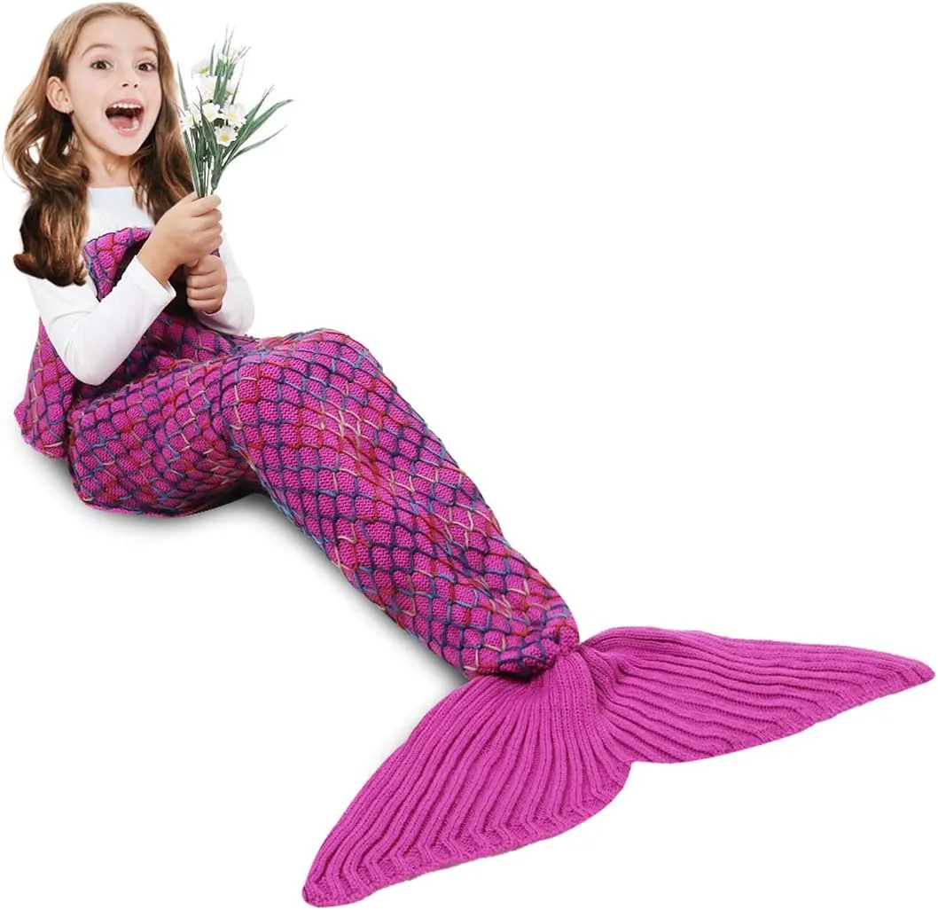 AmyHomie Mermaid Tail Blanket, Soft Crochet Sleeping Bag Blanket for Kids Adults, Mermaid Gift for Girls(Rainbow,Kids)