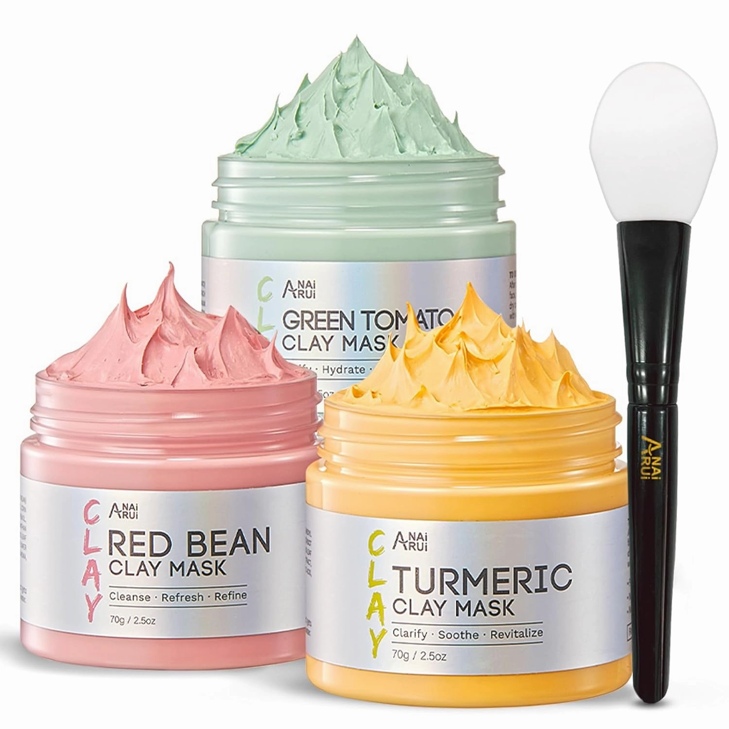 ANAI RUI Green Tomato Clay Mask Set - Turmeric Vitamin C Facial Mask for Women, Red Bean Refreshing Pore Mask, 3-in-1 Detoxifying Mud Mask Spa Gift Set 2.5 oz each