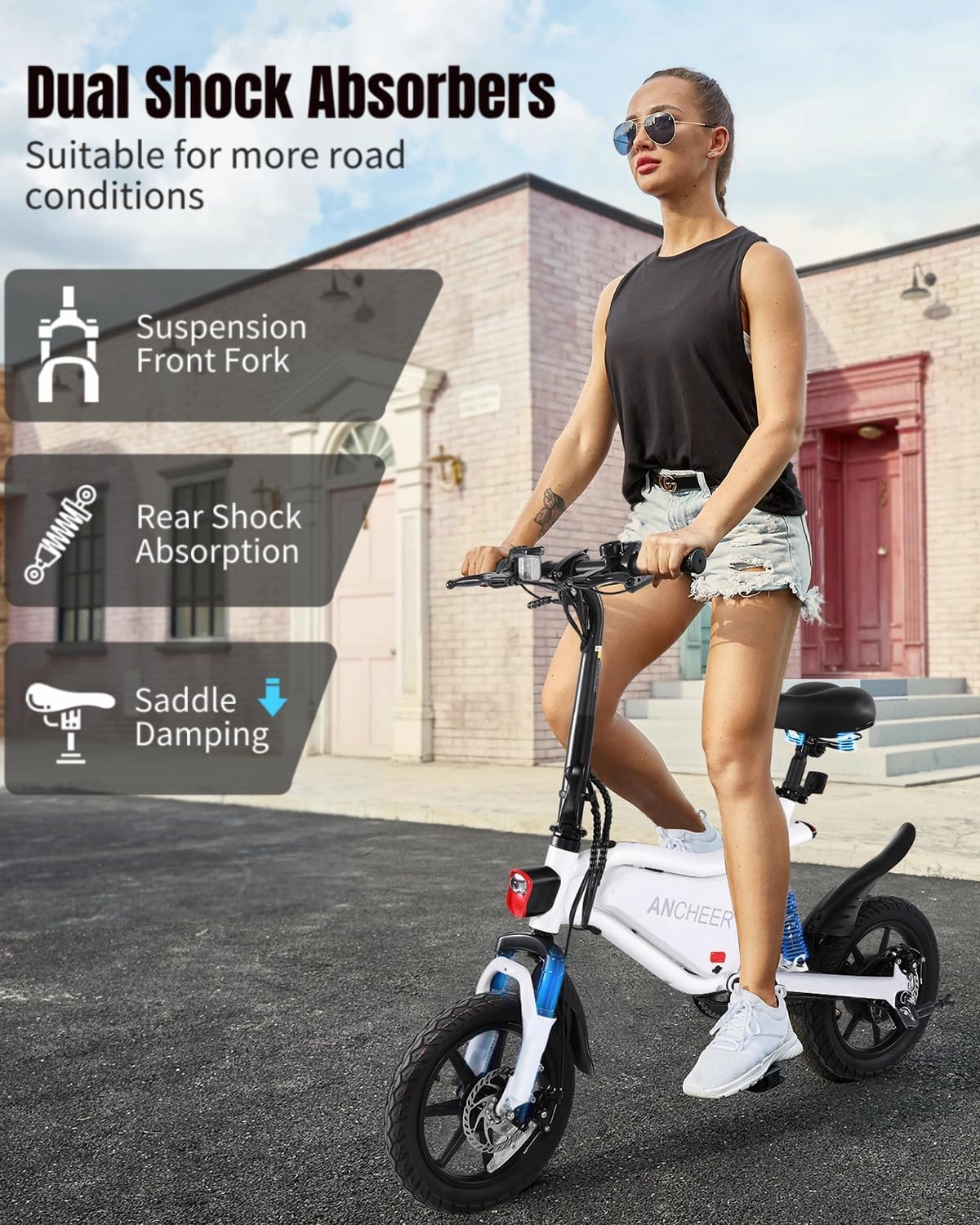 ANCHEER 14” Folding Electric Bike for Adults, 20MPH Ebike with 350W Motor[Peak 500W], 48V 374Wh Battery, Rigid/Dual Suspension, UL 2849 Certified Electric Bicycle, Compact Electric Mini Bike for Teens