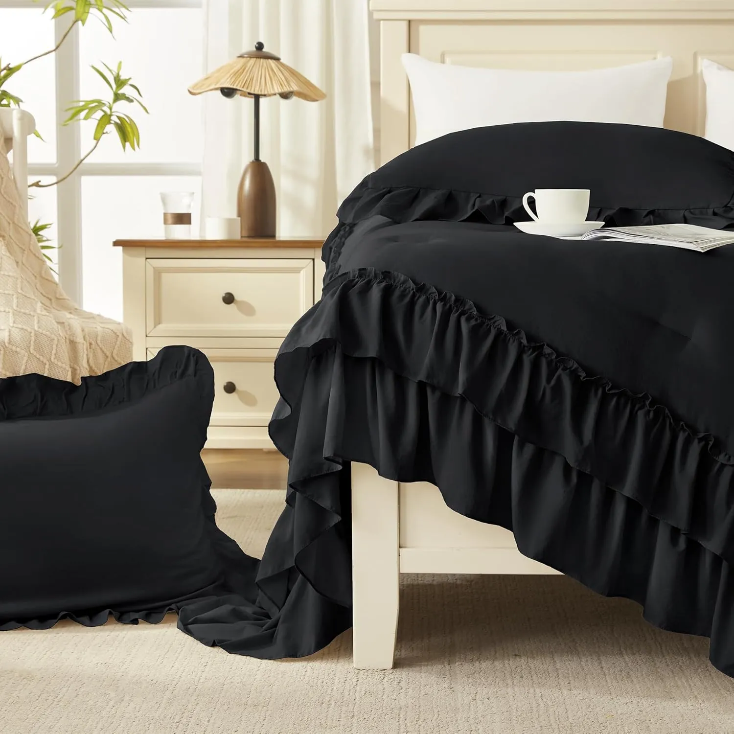 Andency Black Twin Size Comforter Set(66x90Inch), 2 Pieces Fluffy Farmhouse Shabby Chic Ruffle Bedding Comforter Sets, All Season Soft Lightweight Microfiber Bedding Set for Kids