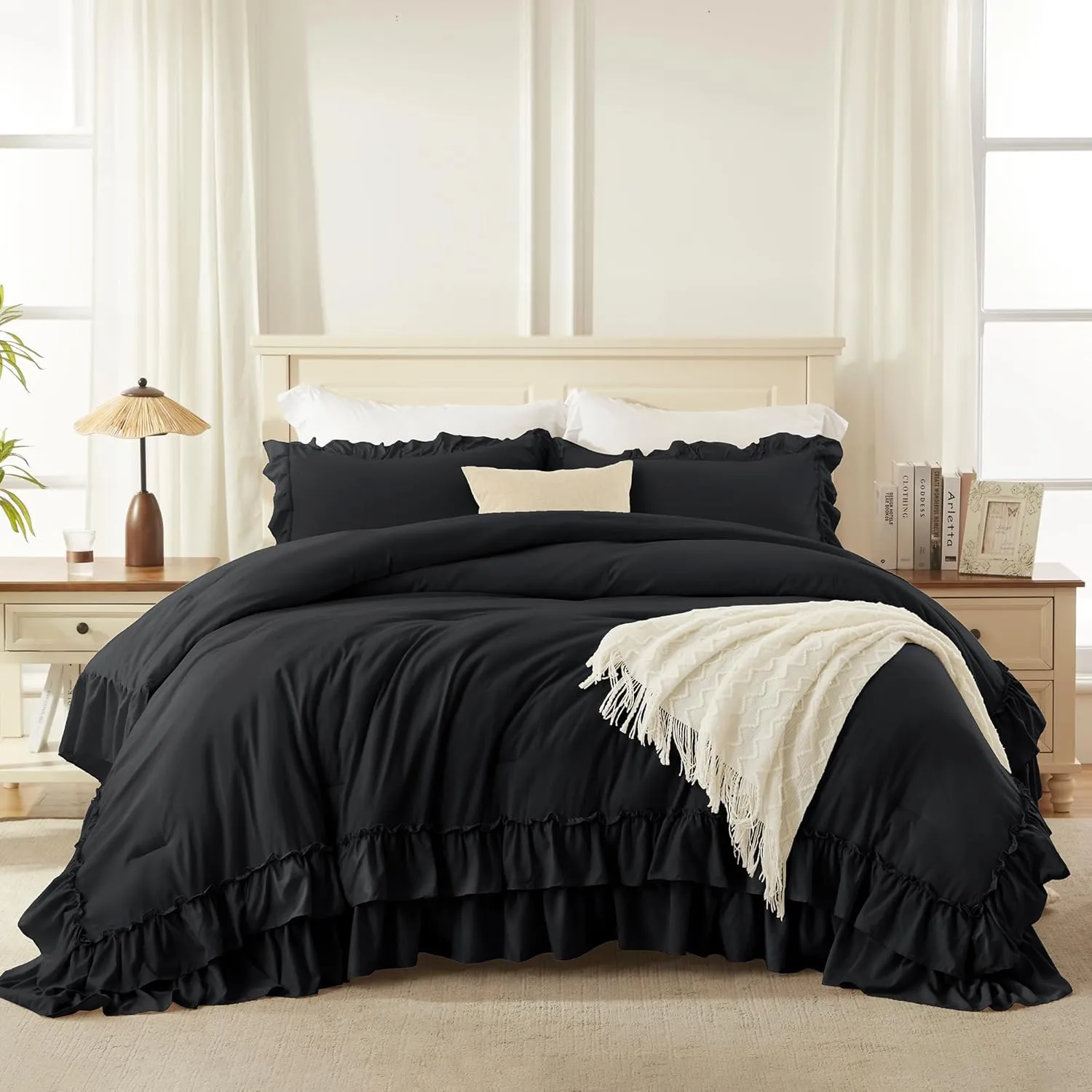 Andency Black Twin Size Comforter Set(66x90Inch), 2 Pieces Fluffy Farmhouse Shabby Chic Ruffle Bedding Comforter Sets, All Season Soft Lightweight Microfiber Bedding Set for Kids