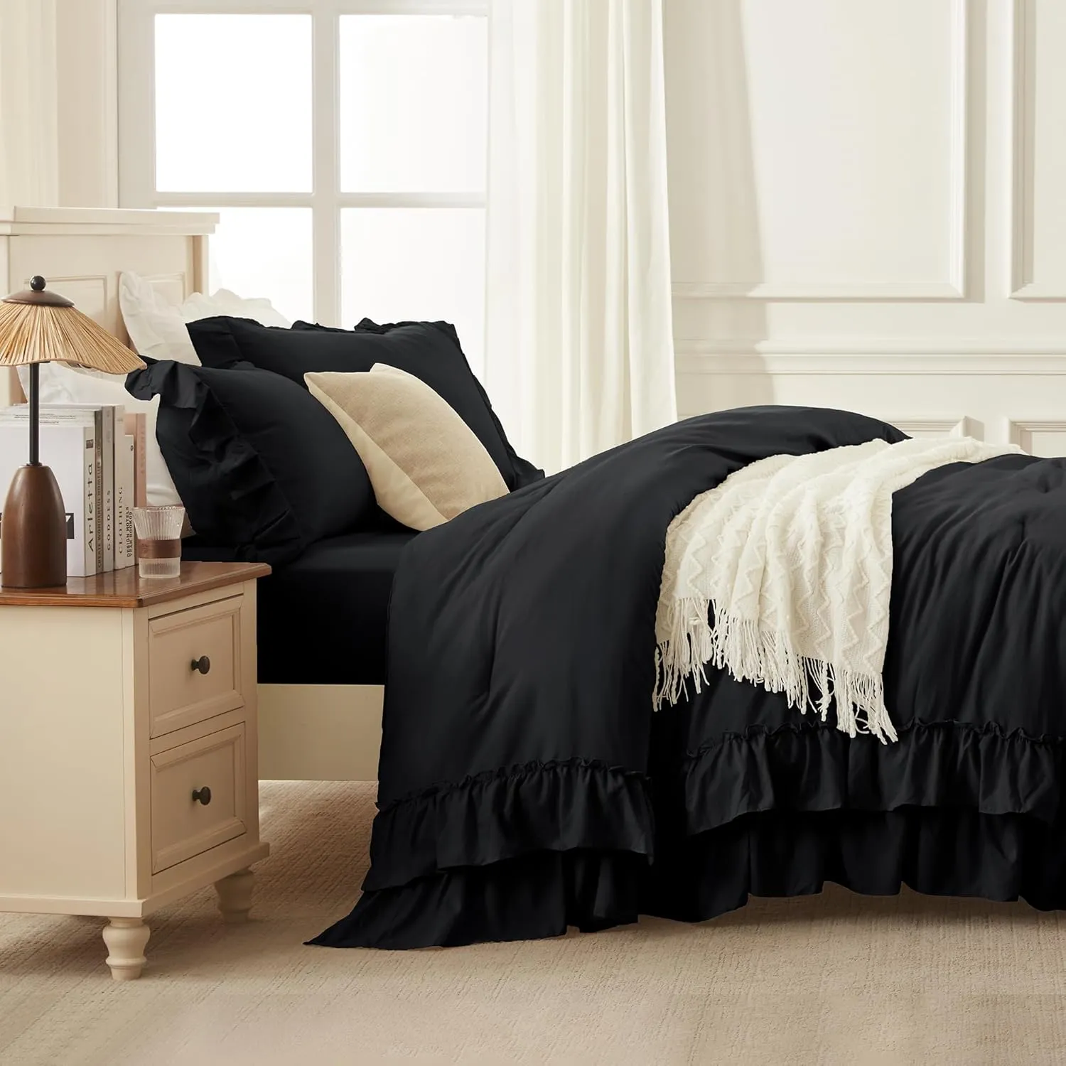 Andency Black Twin Size Comforter Set(66x90Inch), 2 Pieces Fluffy Farmhouse Shabby Chic Ruffle Bedding Comforter Sets, All Season Soft Lightweight Microfiber Bedding Set for Kids